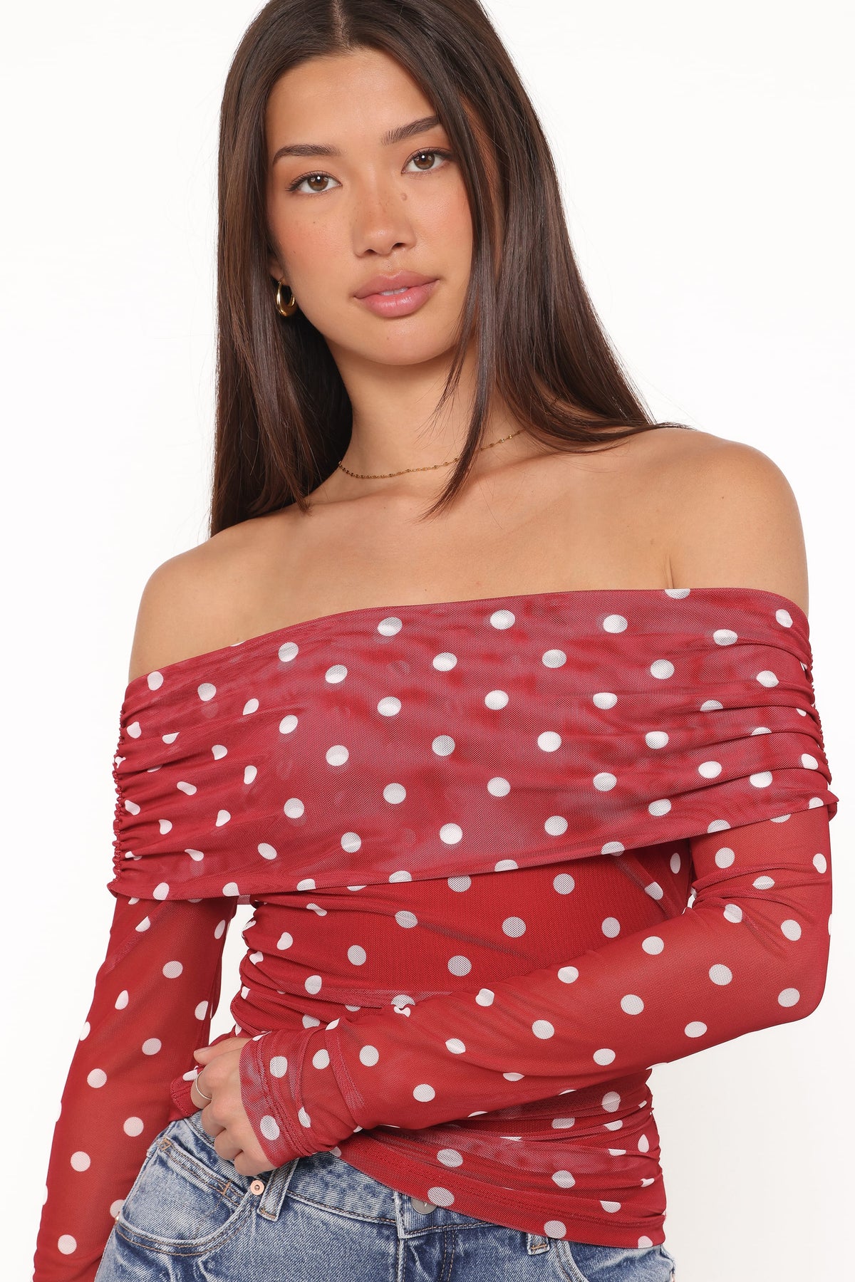 Caelira Off Shoulder Top in Red Polka Dot – view 2 of 6