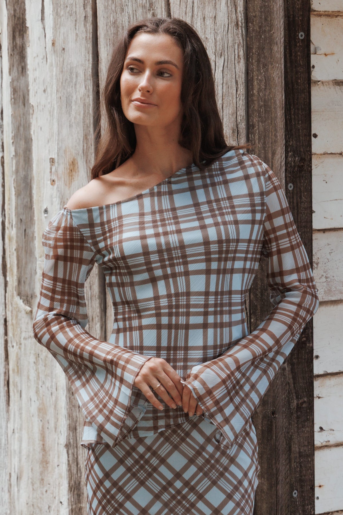 Caitriona Cowl Neck Top in Blue Plaid – view 1 of 8