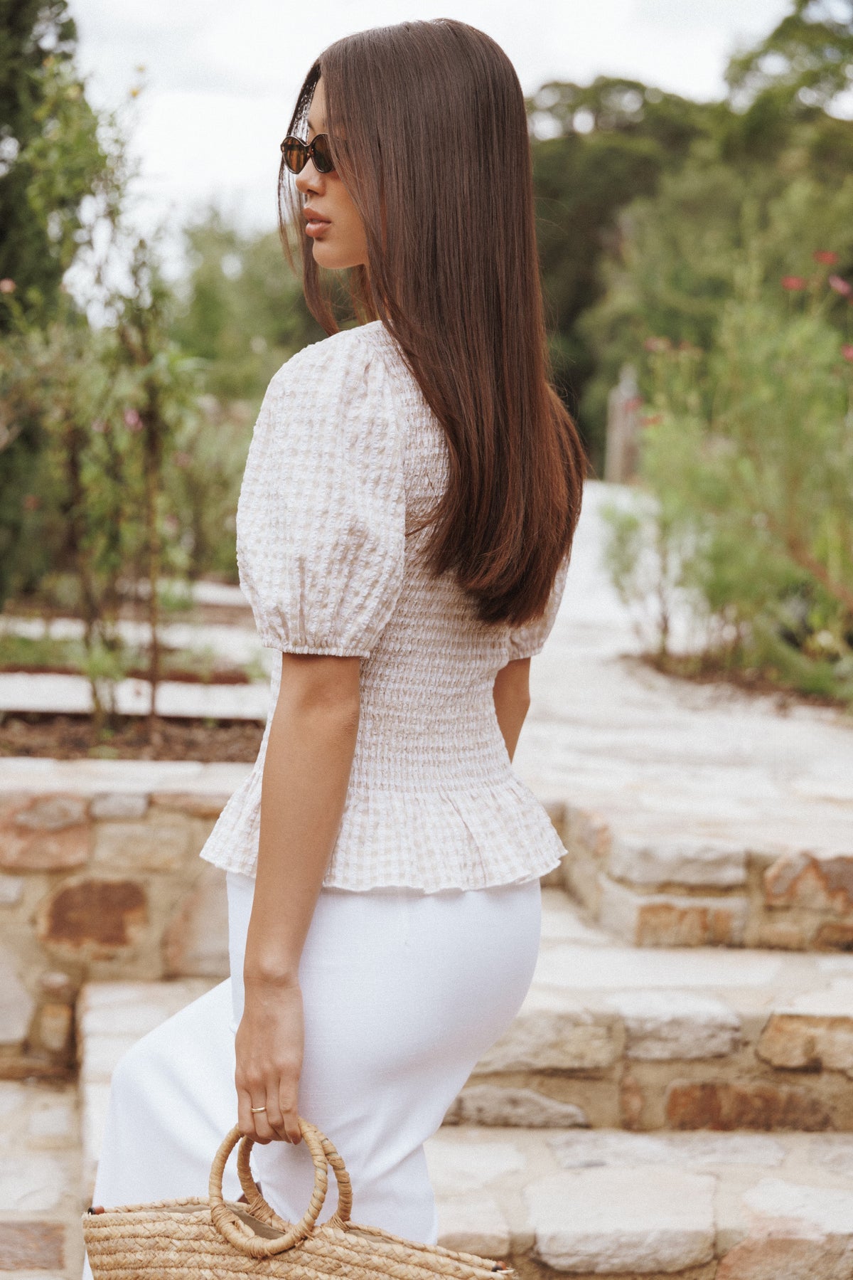 Callista Shirred Waist Top in Beige Gingham – view 1 of 8