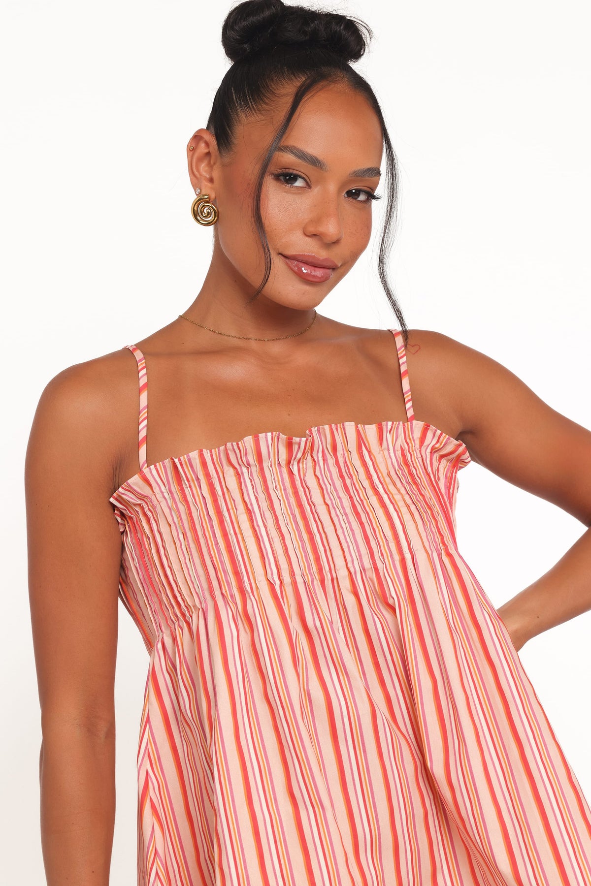 Carson Pleated Top in Peach Stripe – view 3 of 9