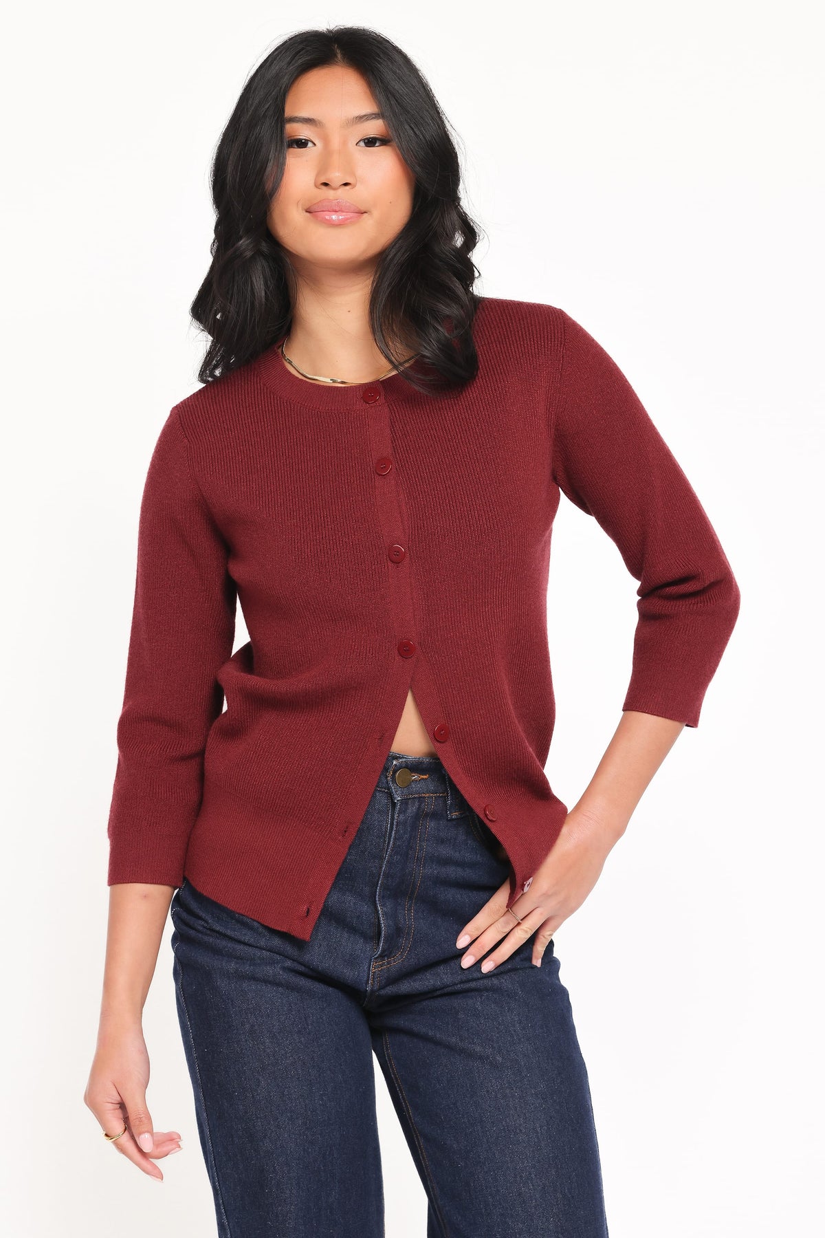 Cataline Button Front Top in Wine – view 1 of 6
