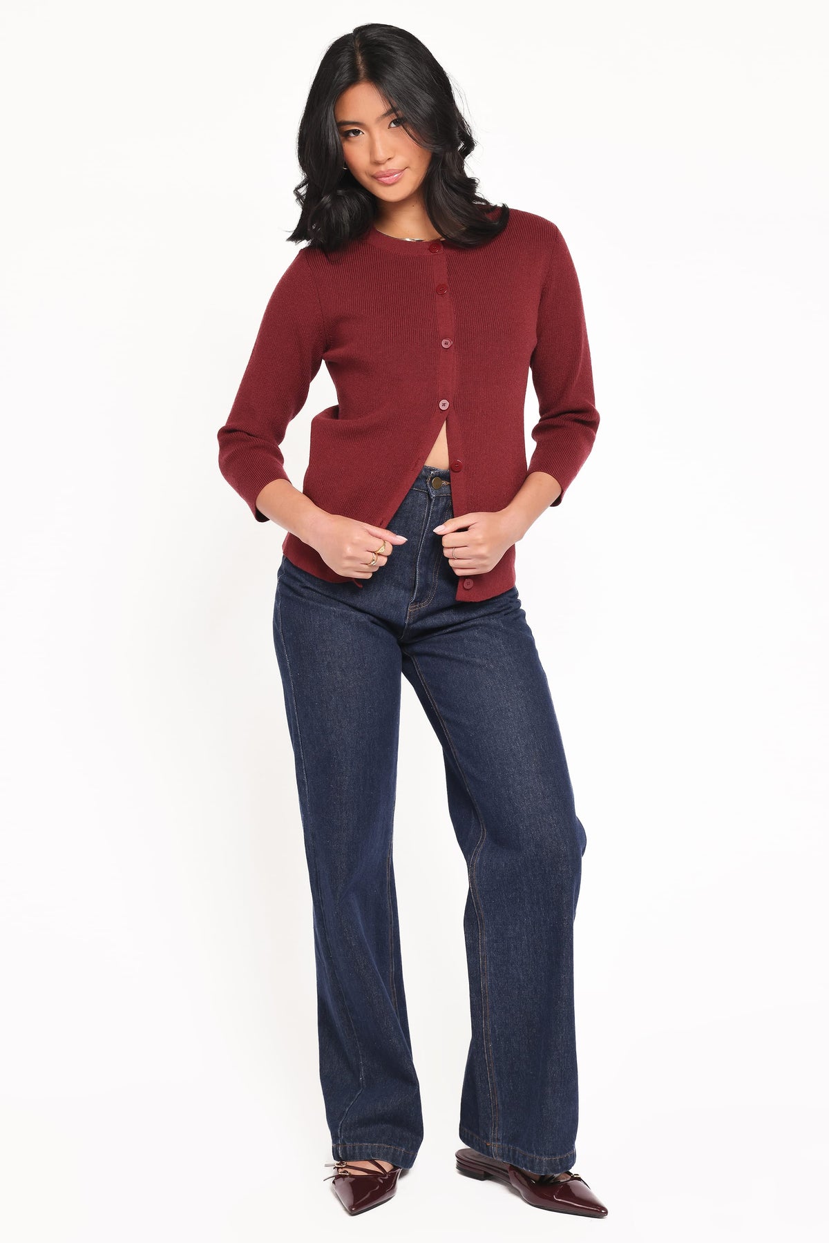 Cataline Button Front Top in Wine – view 5 of 6