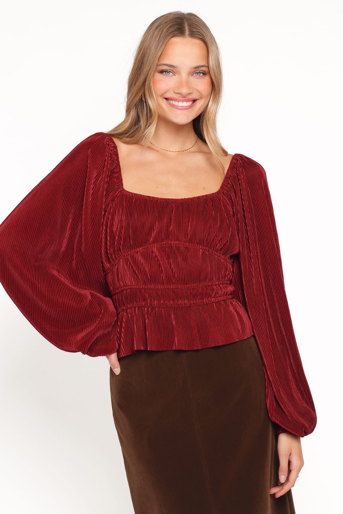 Ceppia Plisse Top in Burgundy – view 2 of 8