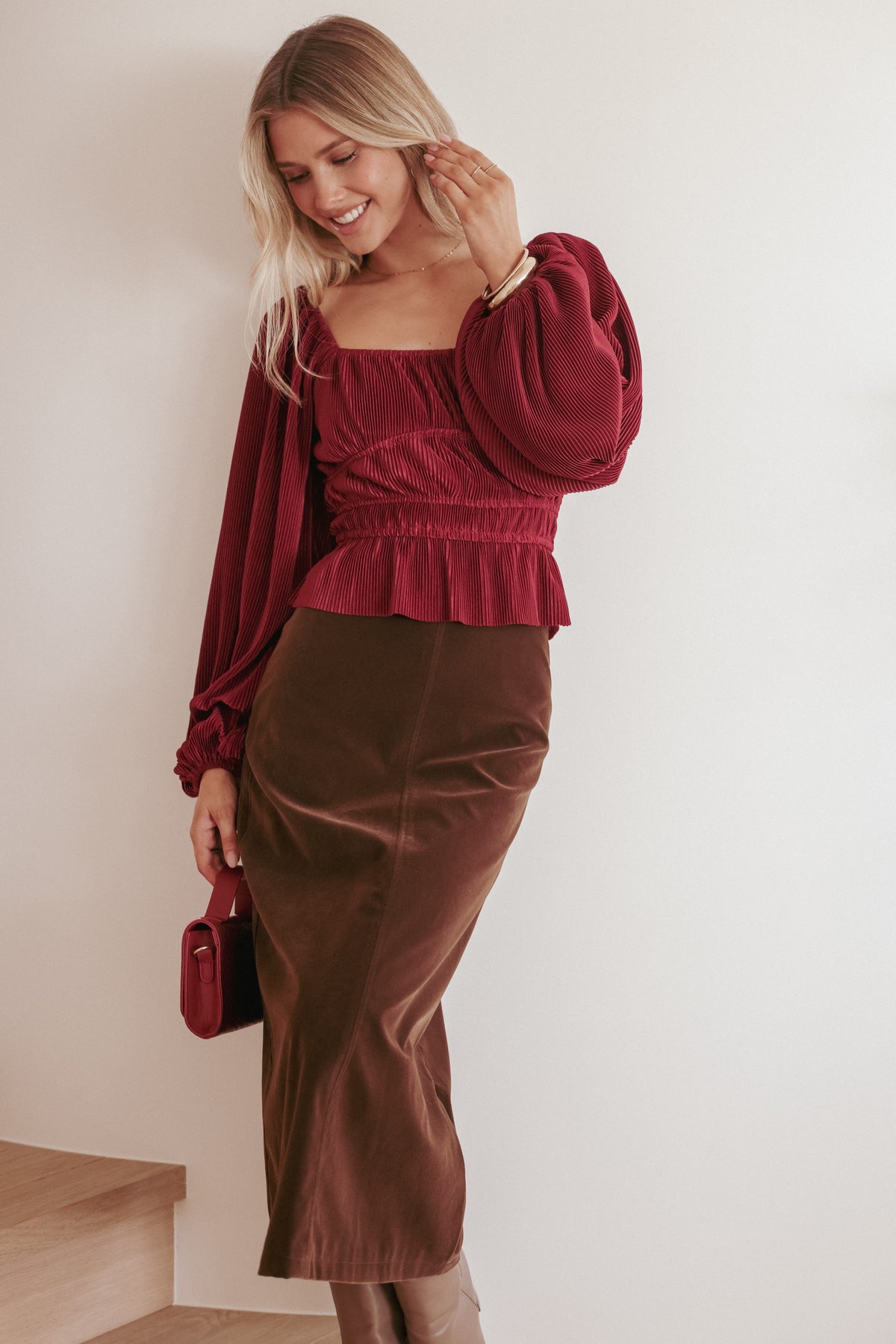 Ceppia Plisse Top in Burgundy – view 1 of 8