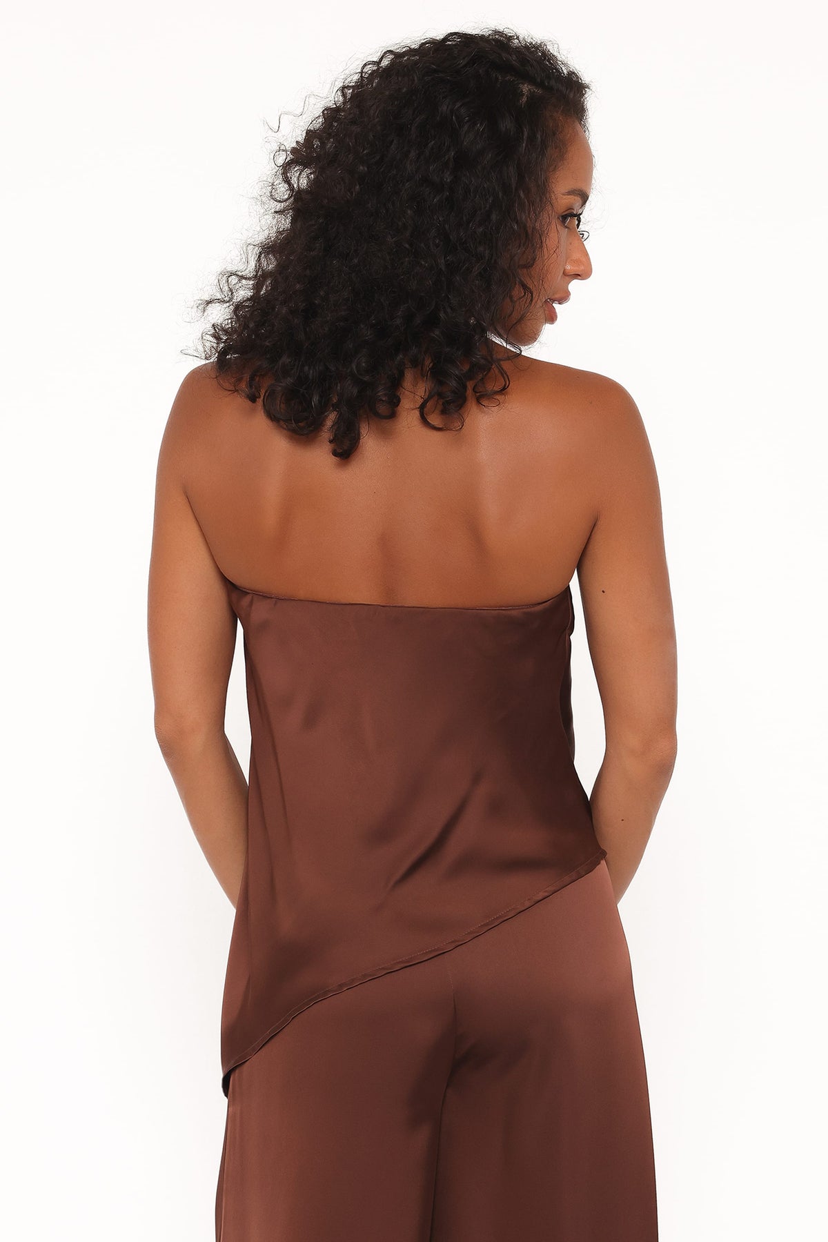 Charmer Asymmetrical Longline Strapless Top in Dark Brown – view 4 of 6