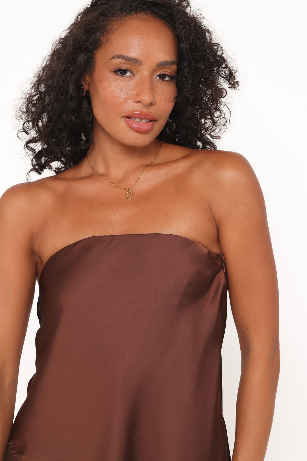 Charmer Asymmetrical Longline Strapless Top in Dark Brown – view 2 of 6