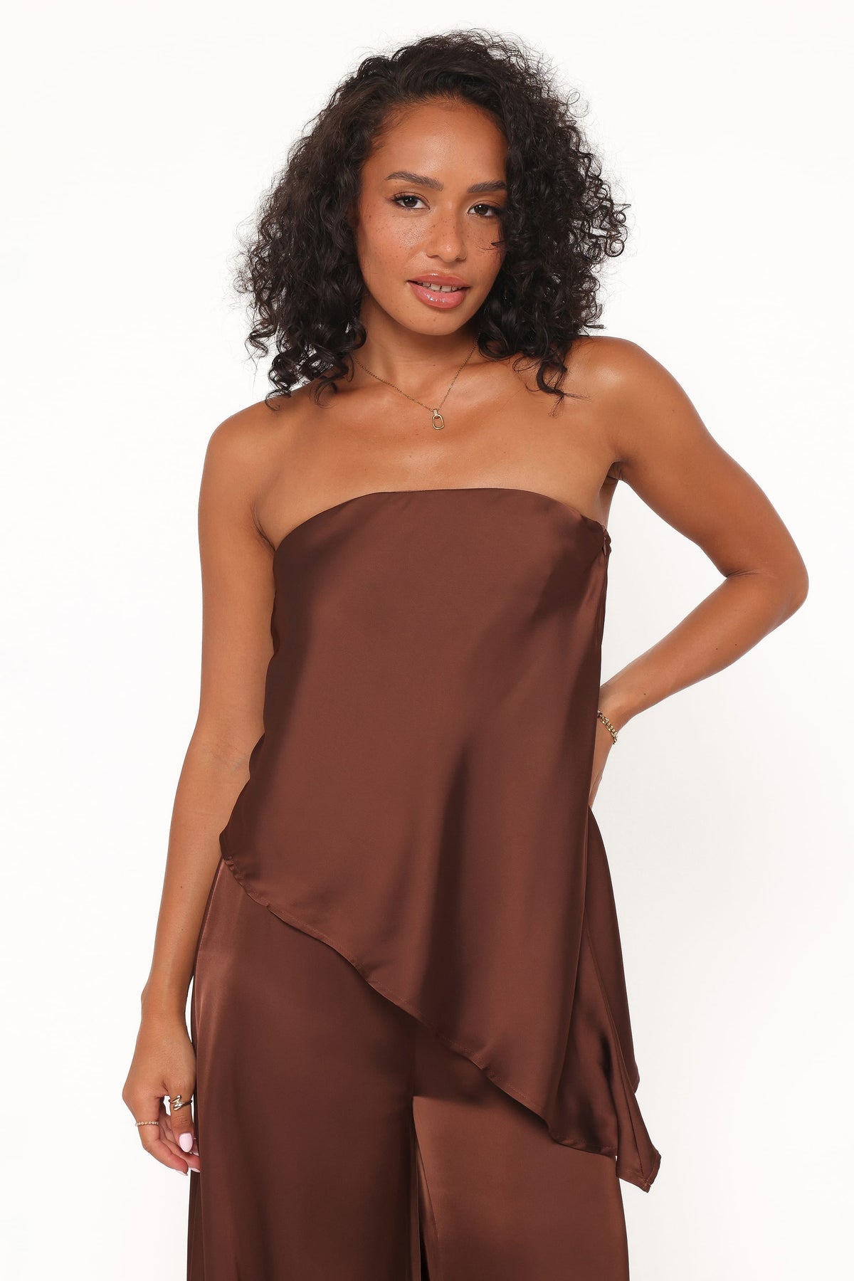 Charmer Asymmetrical Longline Strapless Top in Dark Brown – view 1 of 6