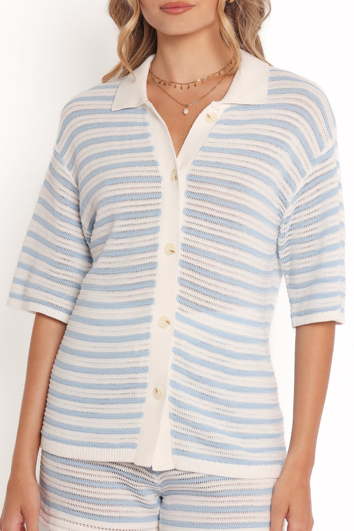 Cherie Knit Shirt in Cream Sky Blue – view 8 of 9