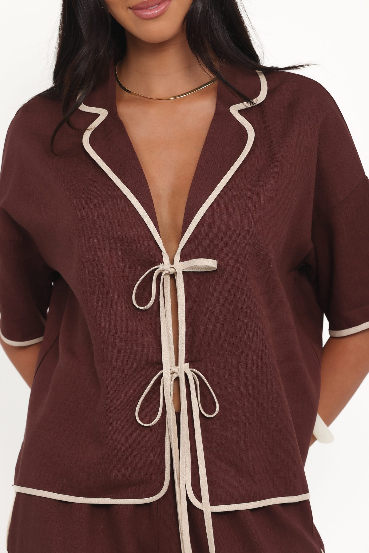 Dalton Tie Top in Brown Cream – view 6 of 7