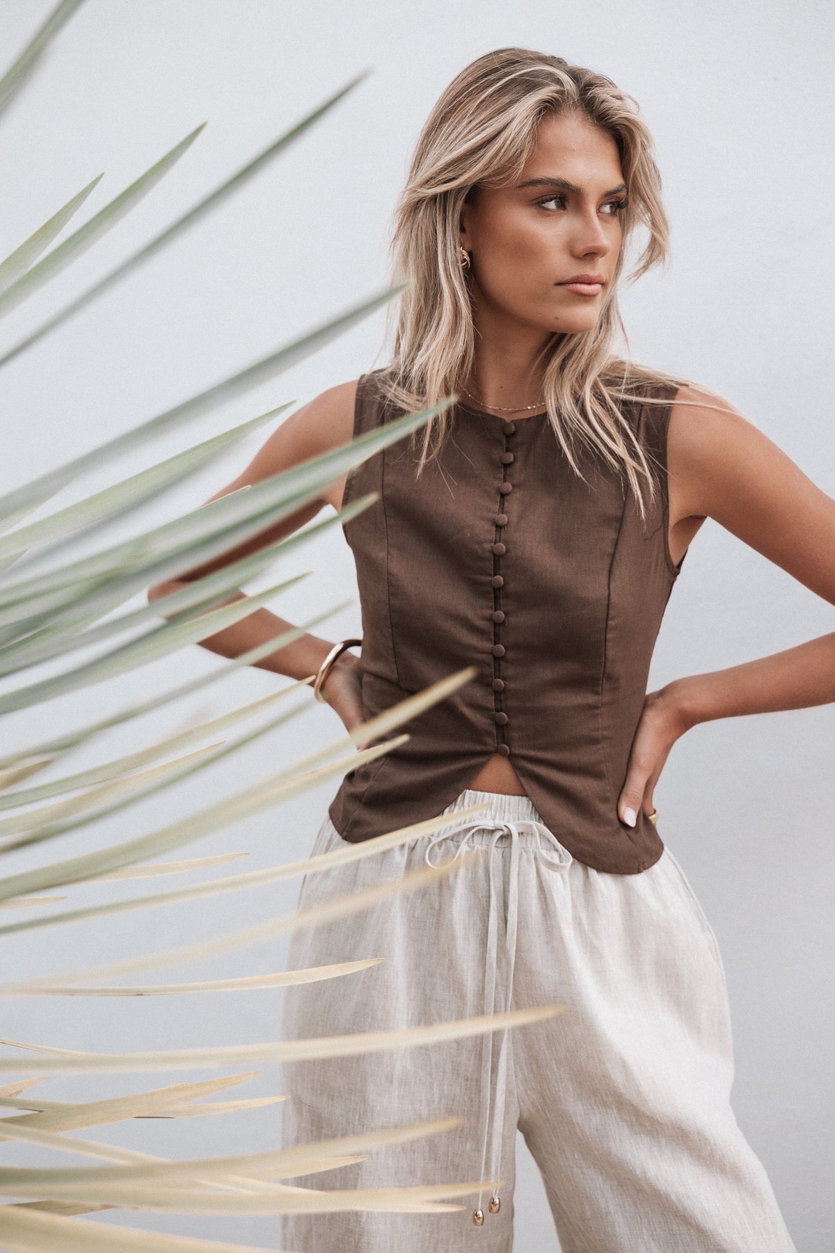 Daniella Linen Vest in Chocolate Brown – view 1 of 9
