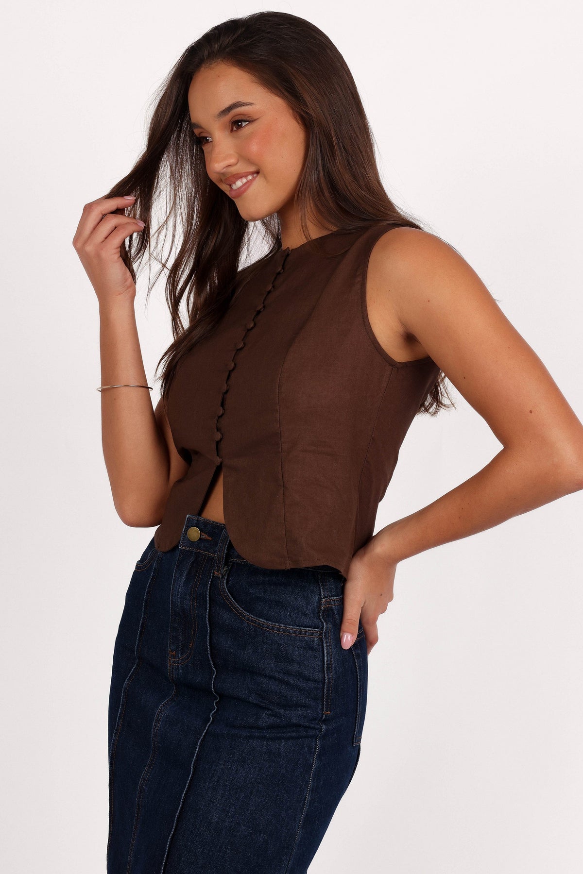 Daniella Linen Vest in Chocolate Brown – view 4 of 9