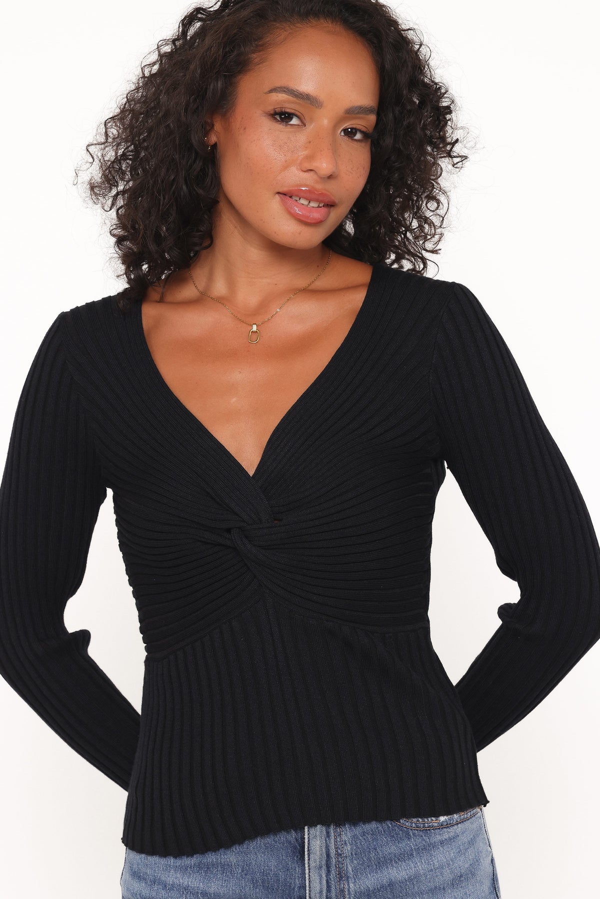 Demi Twist Detail Knit Top in Black – view 1 of 6