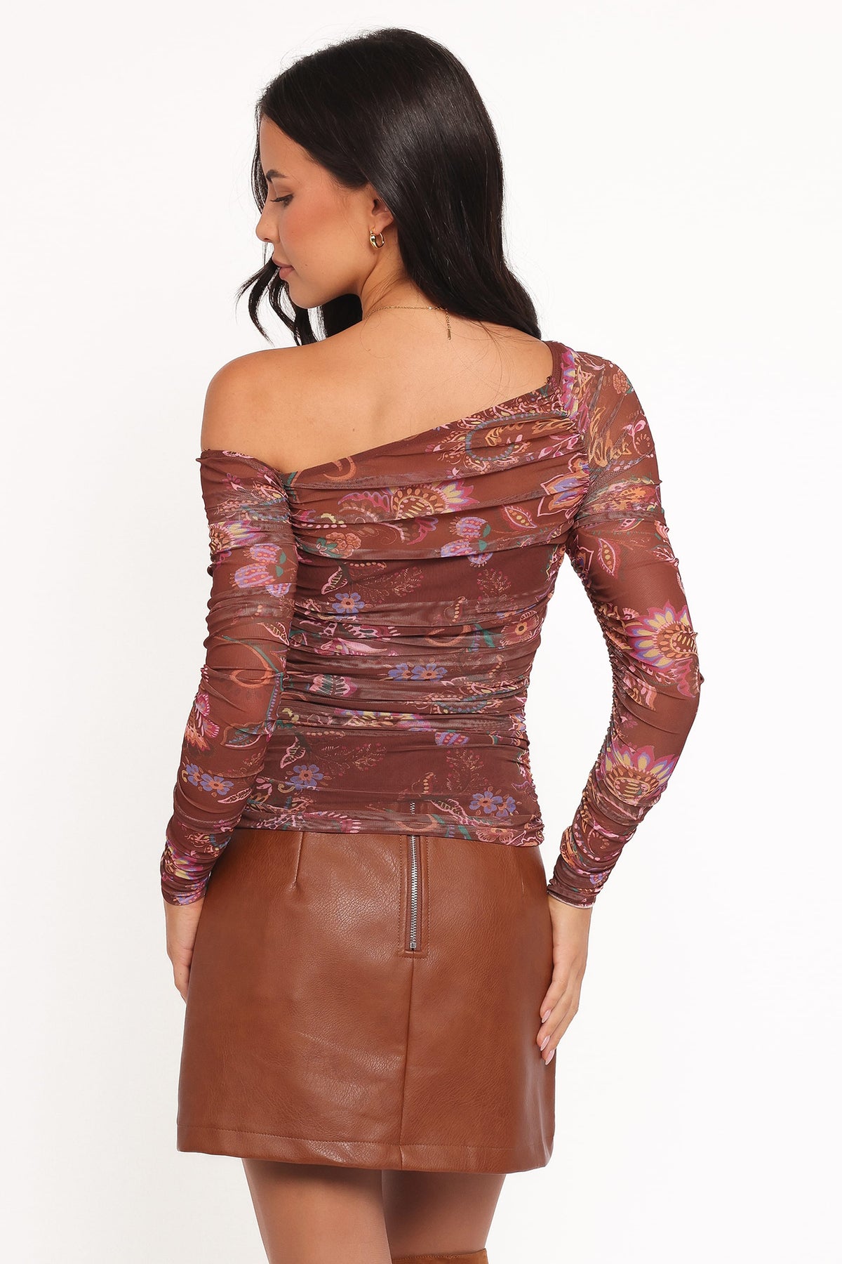 Elfrida Off Shoulder Mesh Top in Brown Floral – view 4 of 7