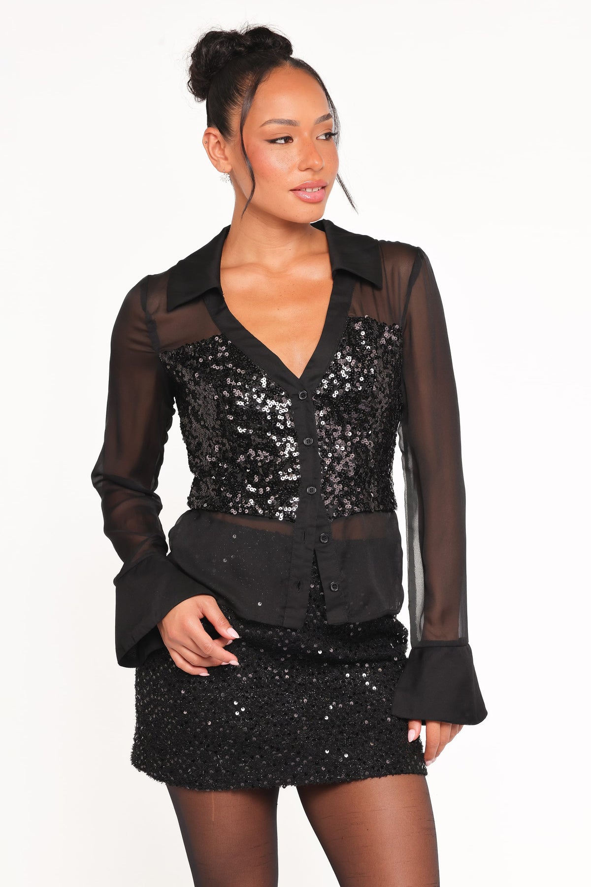 Eliana Sheer Sequin Blouse in Black – view 2 of 8