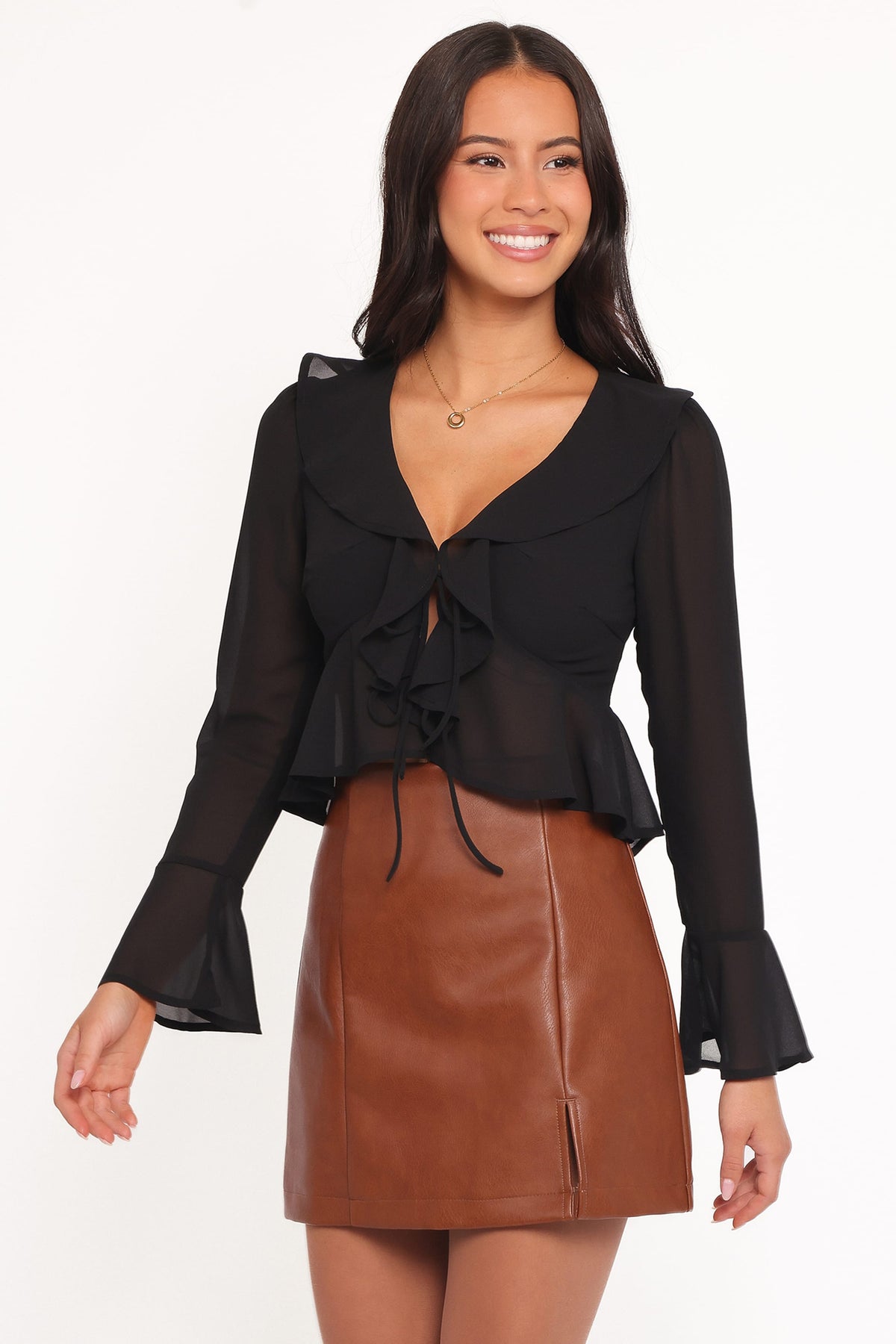 Elora Chiffon Ruffle Front Top in Black – view 3 of 6