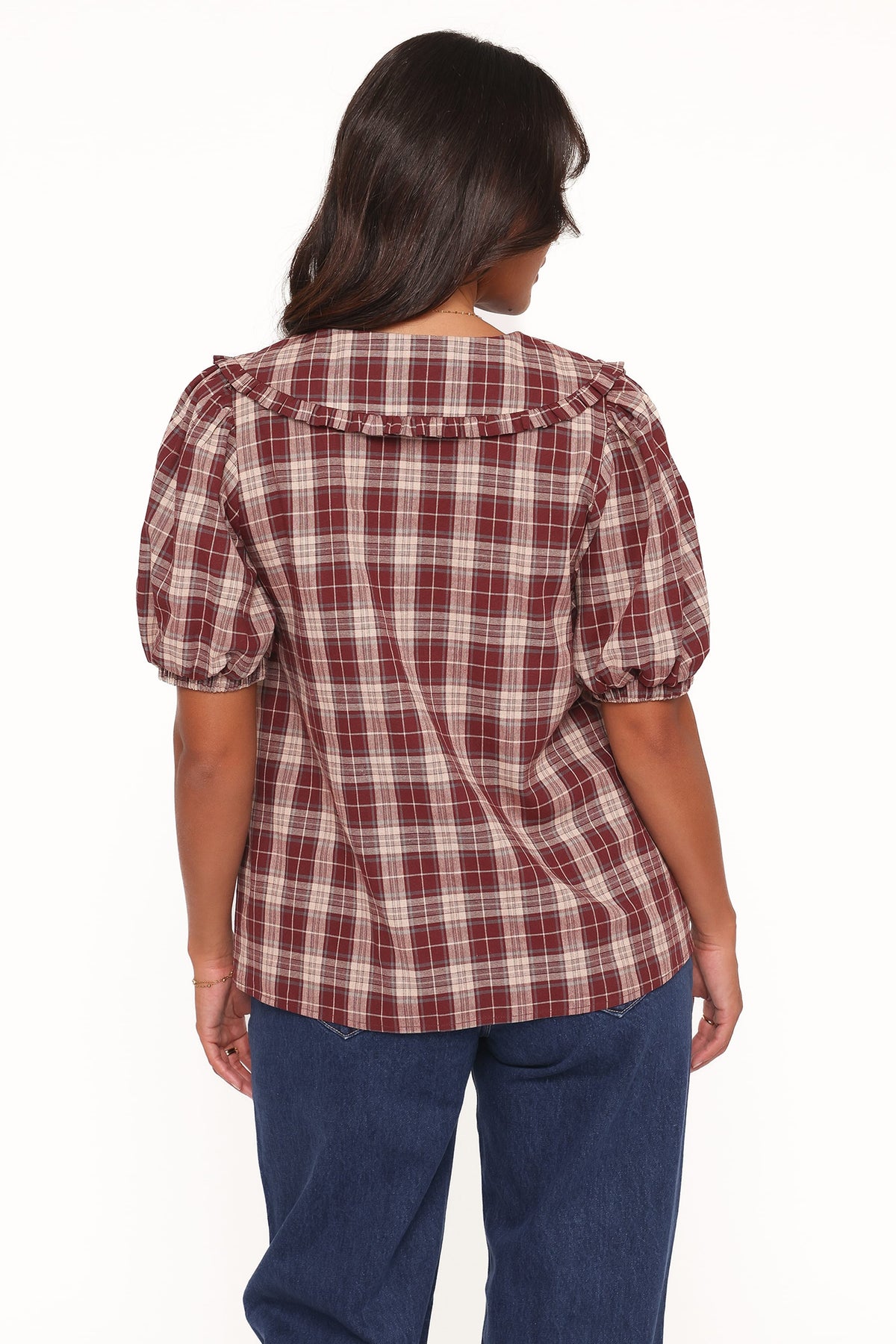 Evandri Frill Collar Top in Burgundy Plaid – view 5 of 9