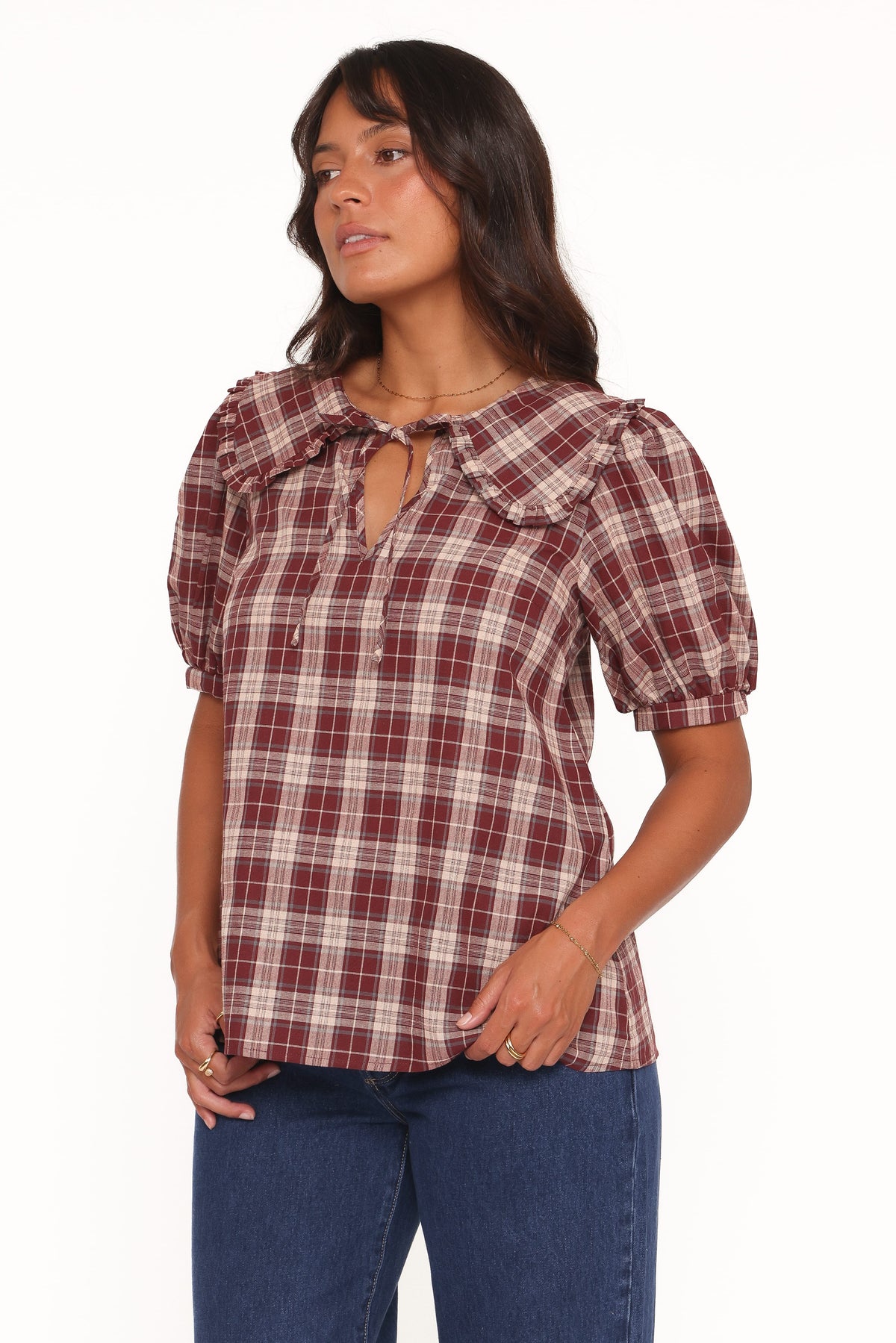 Evandri Frill Collar Top in Burgundy Plaid – view 4 of 9