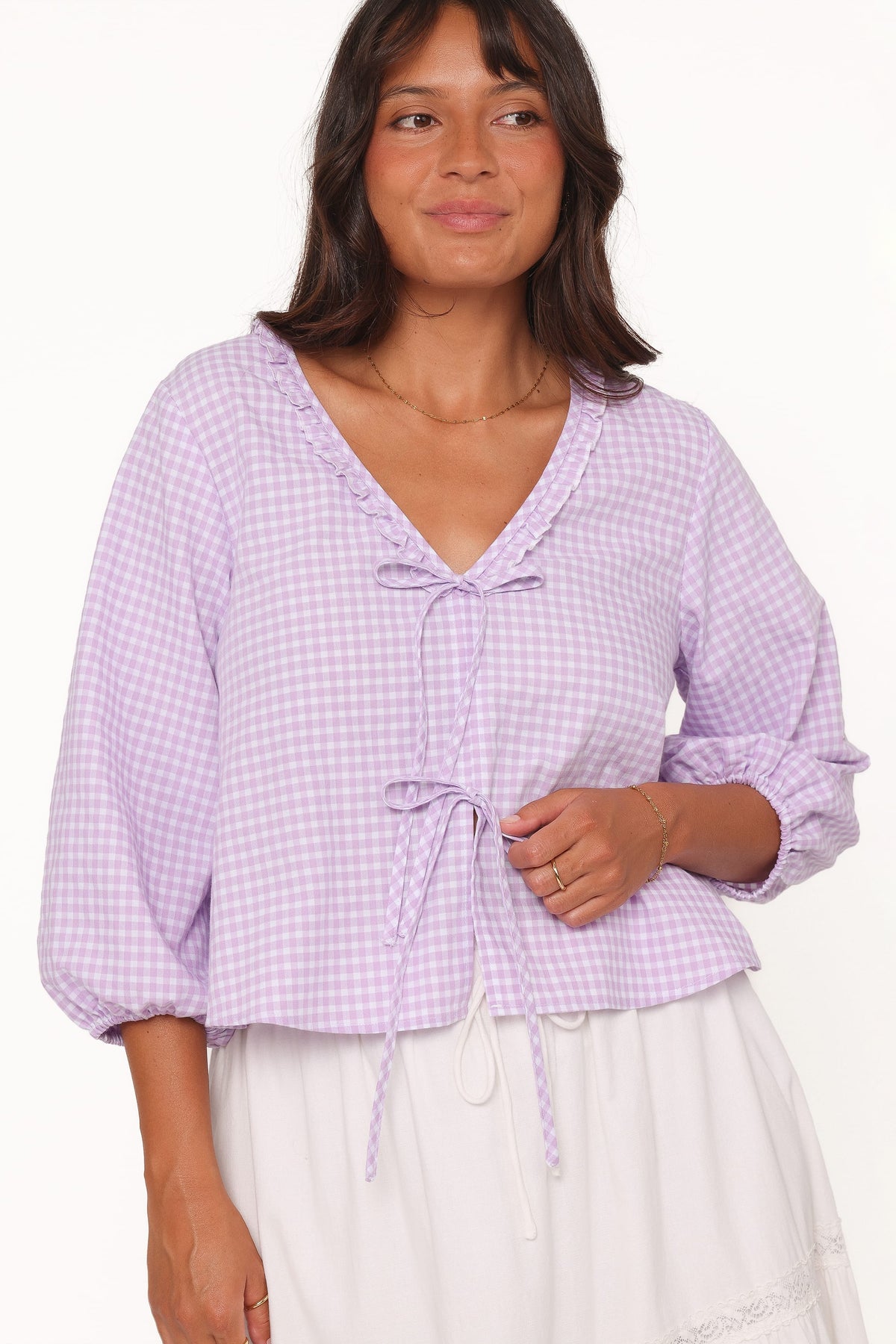 Fainche Front Tie Top in Lilac Gingham – view 3 of 9