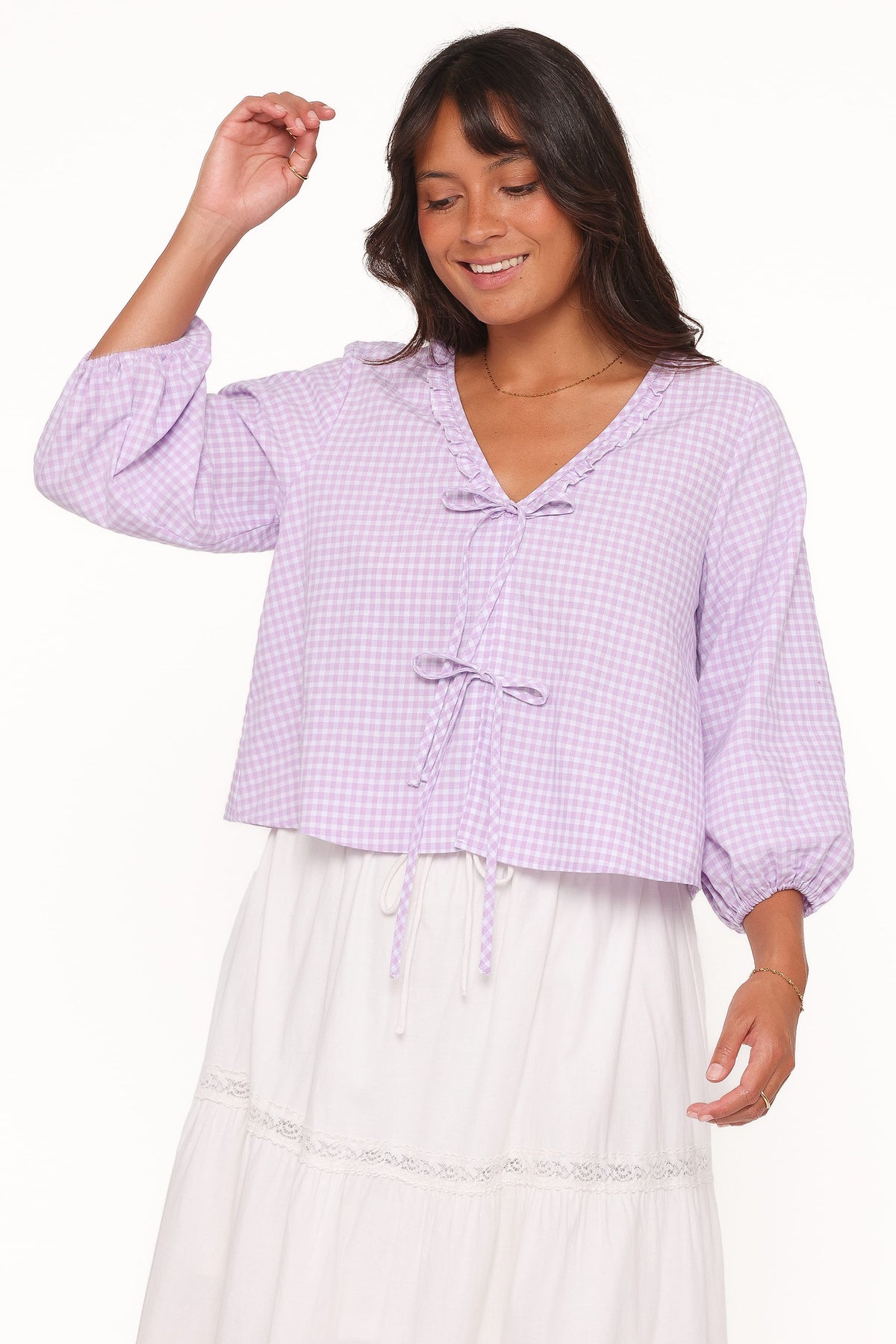 Fainche Front Tie Top in Lilac Gingham – view 2 of 9