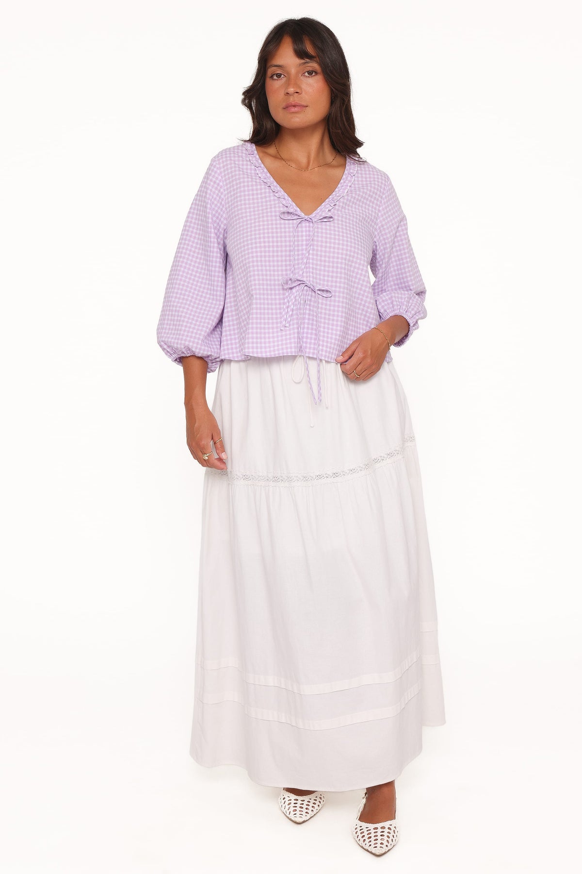 Fainche Front Tie Top in Lilac Gingham – view 6 of 9