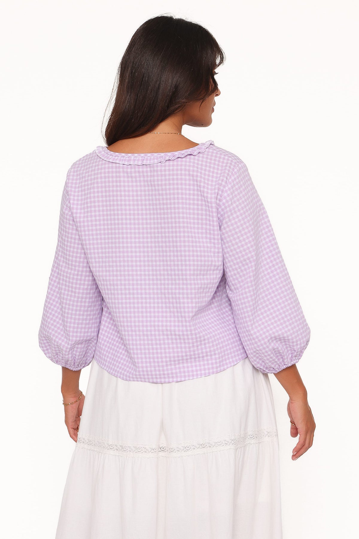 Fainche Front Tie Top in Lilac Gingham – view 5 of 9