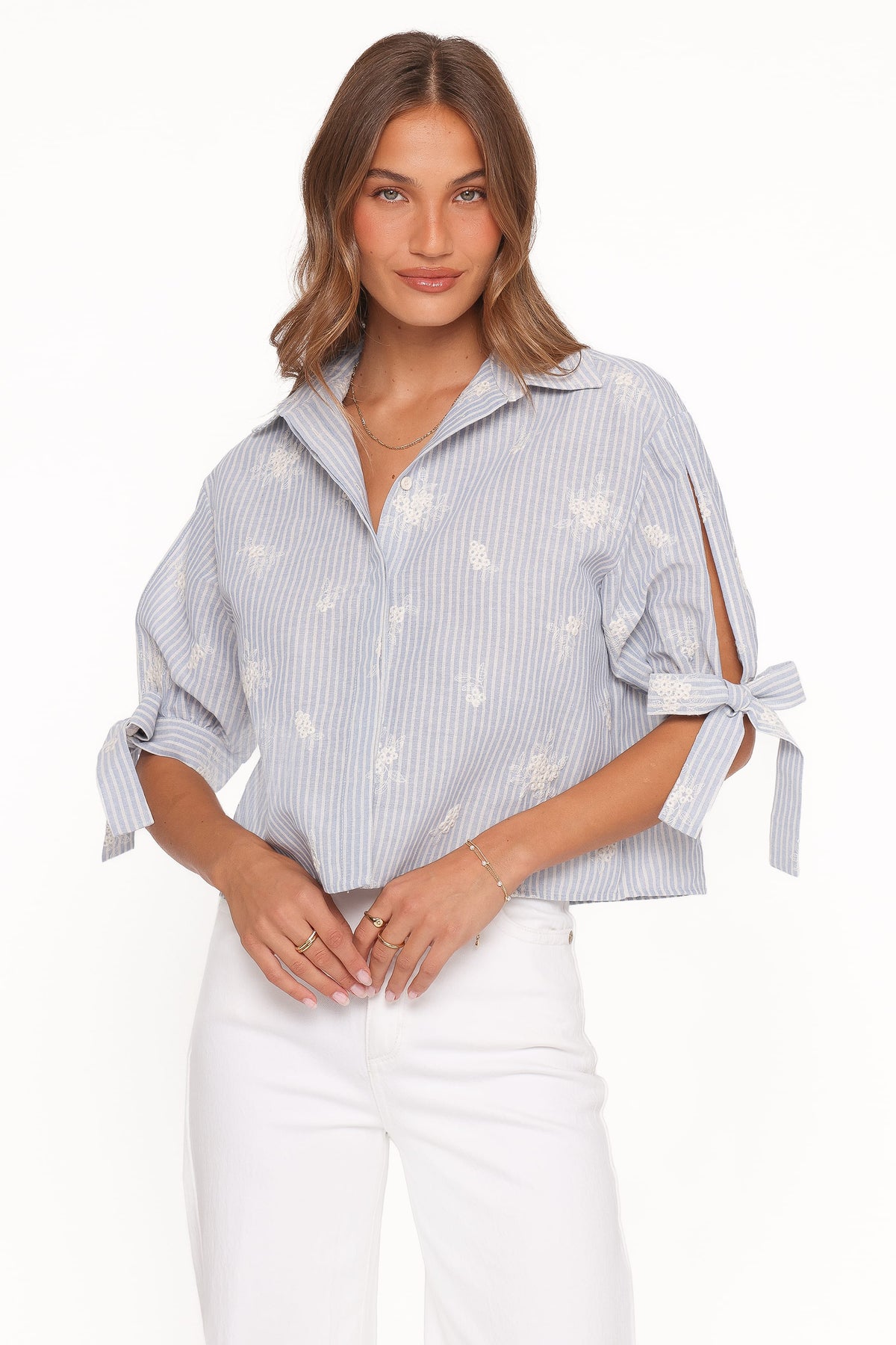 Floriana Tie Sleeve Shirt in Blue Stripe – view 2 of 7