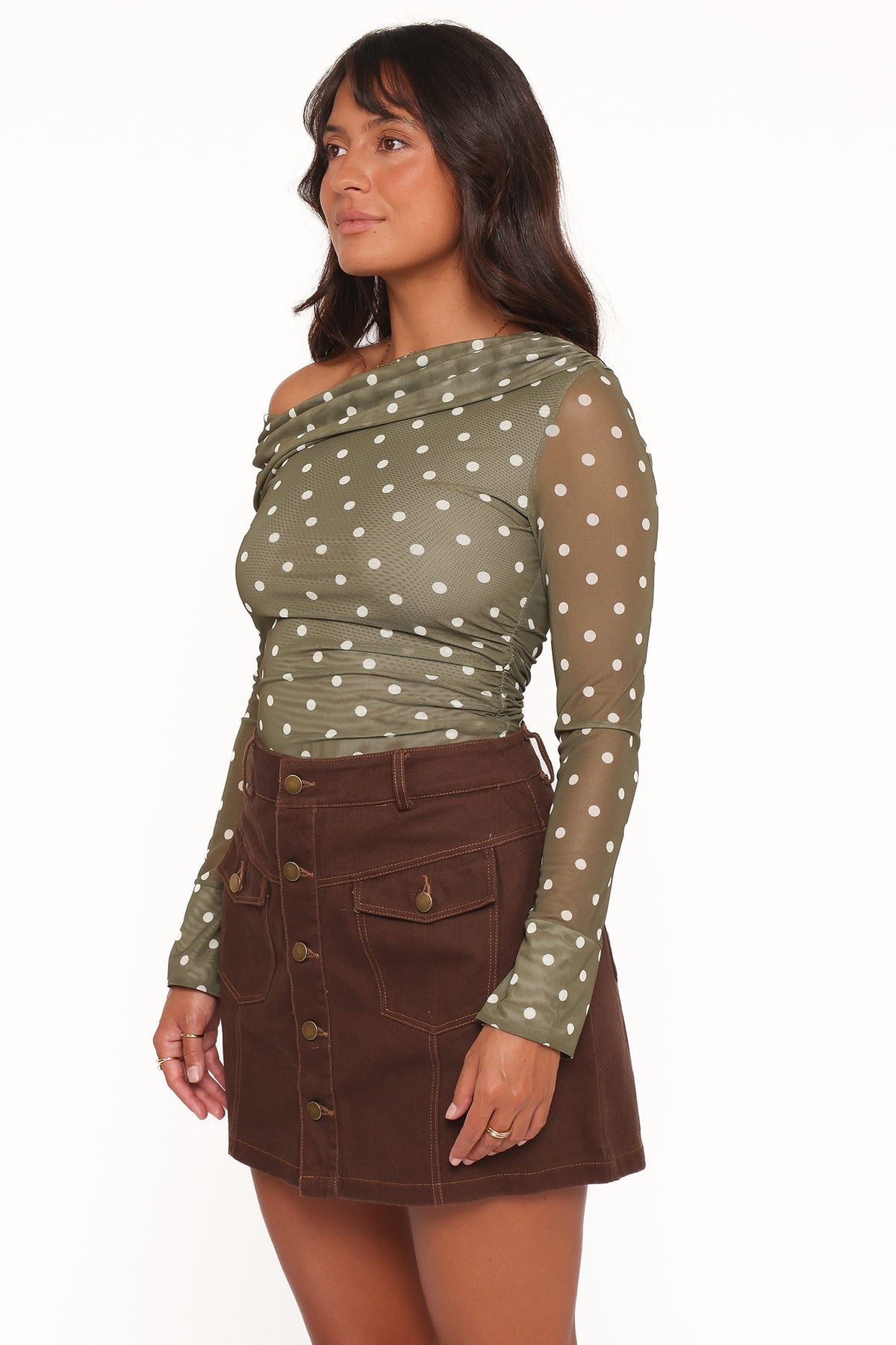 Ginevra Off Shoulder Mesh Top in Green Polka Dot – view 4 of 8