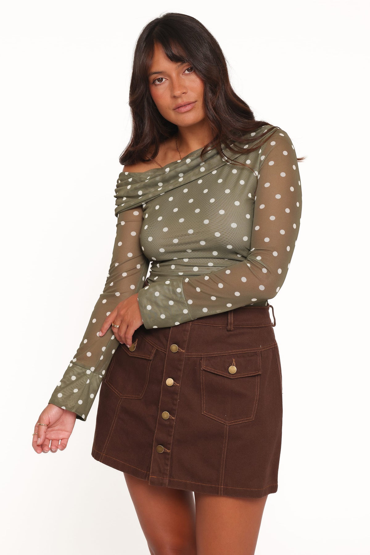Ginevra Off Shoulder Mesh Top in Green Polka Dot – view 2 of 8