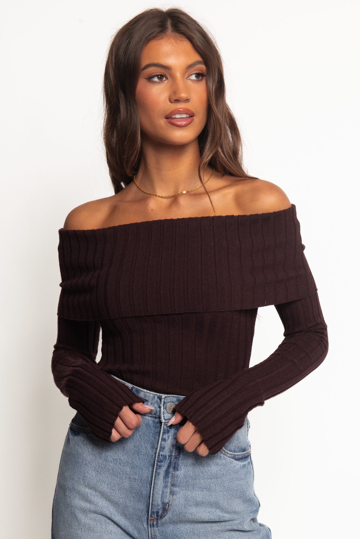 Inora Off Shoulder Knit Top in Chocolate – view 2 of 7