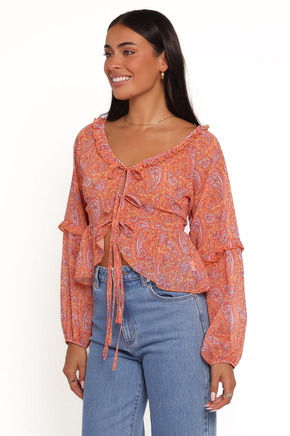 Isolt Tie Front Top in Orange Paisley – view 3 of 6