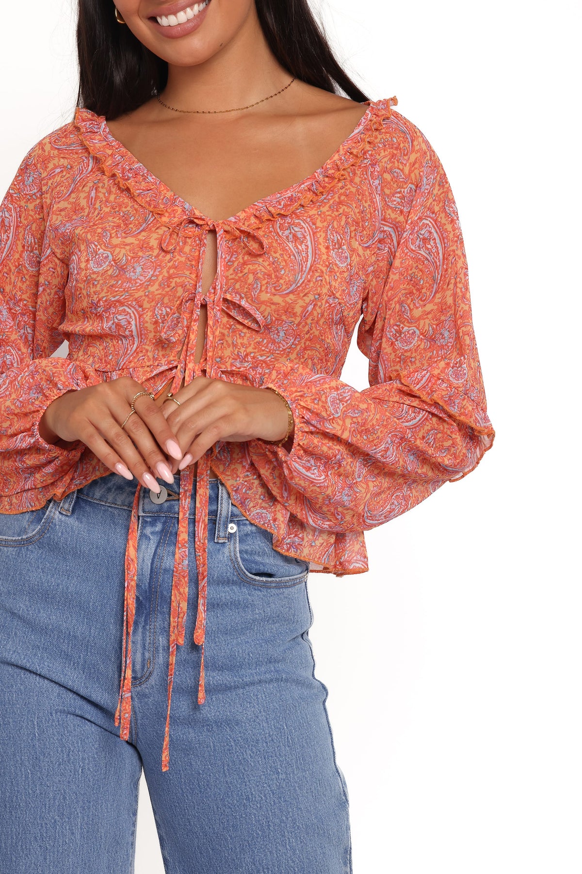 Isolt Tie Front Top in Orange Paisley – view 2 of 6