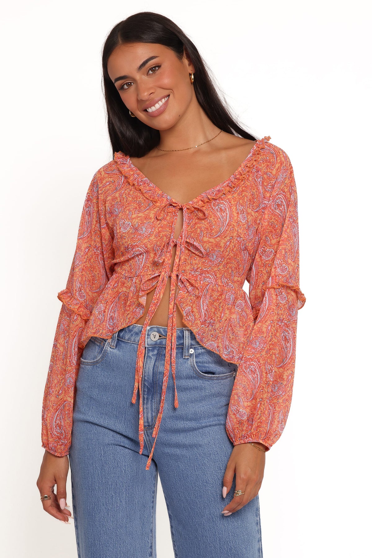 Isolt Tie Front Top in Orange Paisley – view 1 of 6