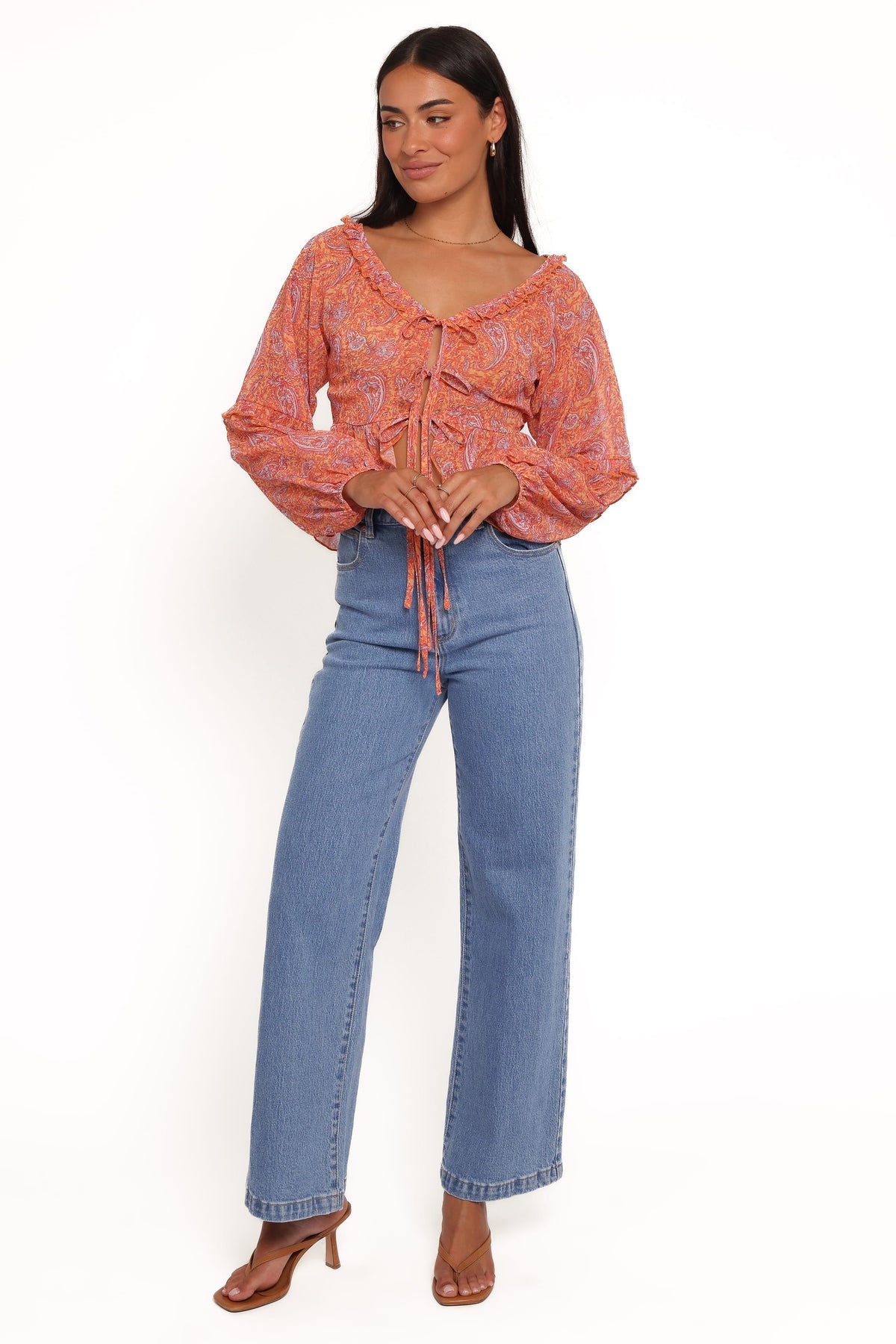 Isolt Tie Front Top in Orange Paisley – view 5 of 6