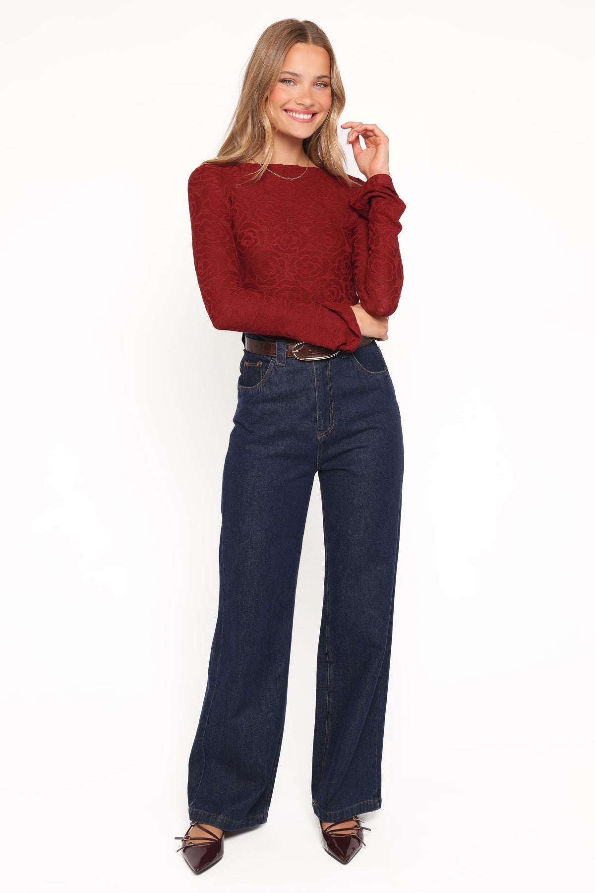 Jasmine Long Sleeve Lace Top in Red – view 1 of 5