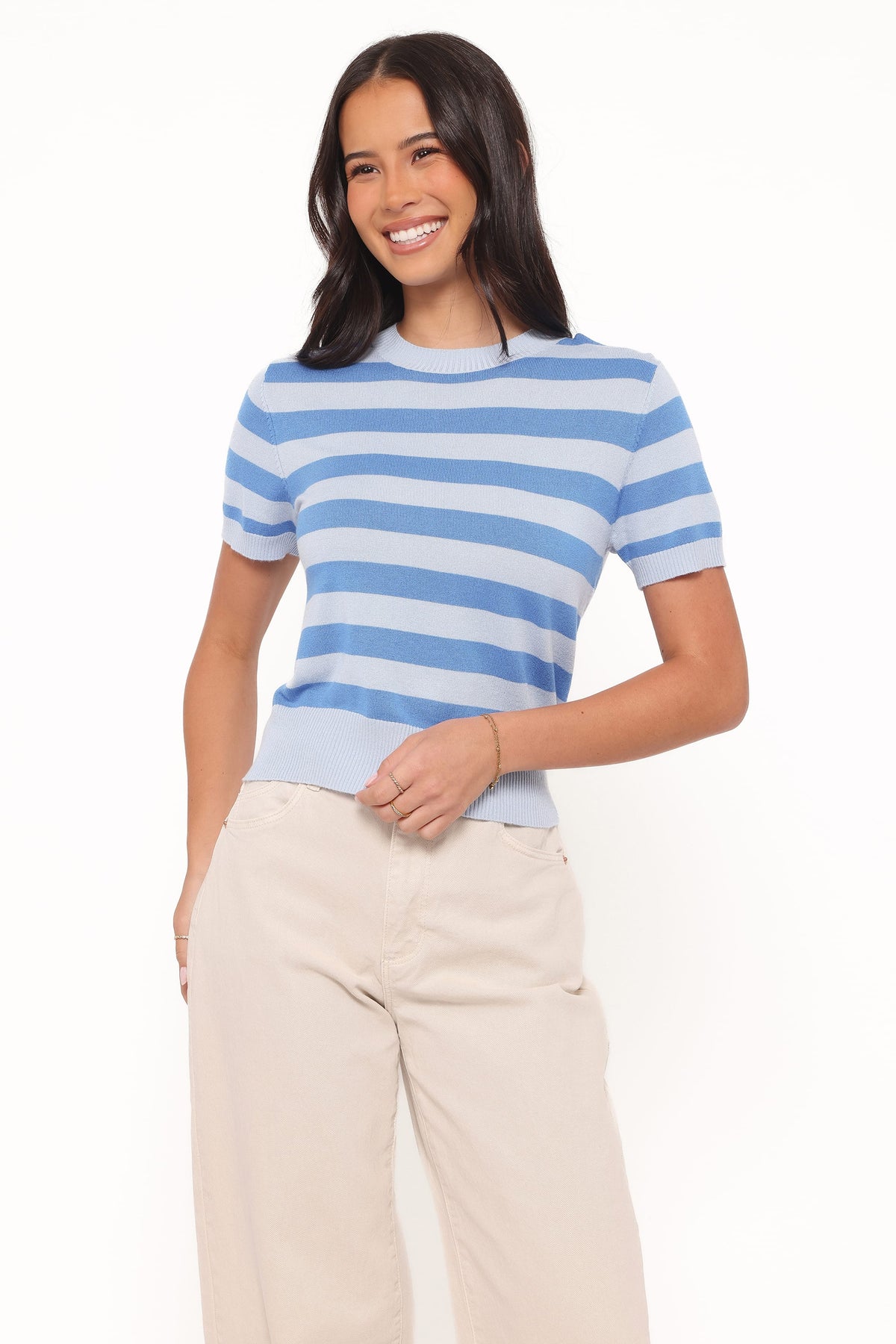 Joss Cropped Knitted Tee in Blue Stripe – view 2 of 9