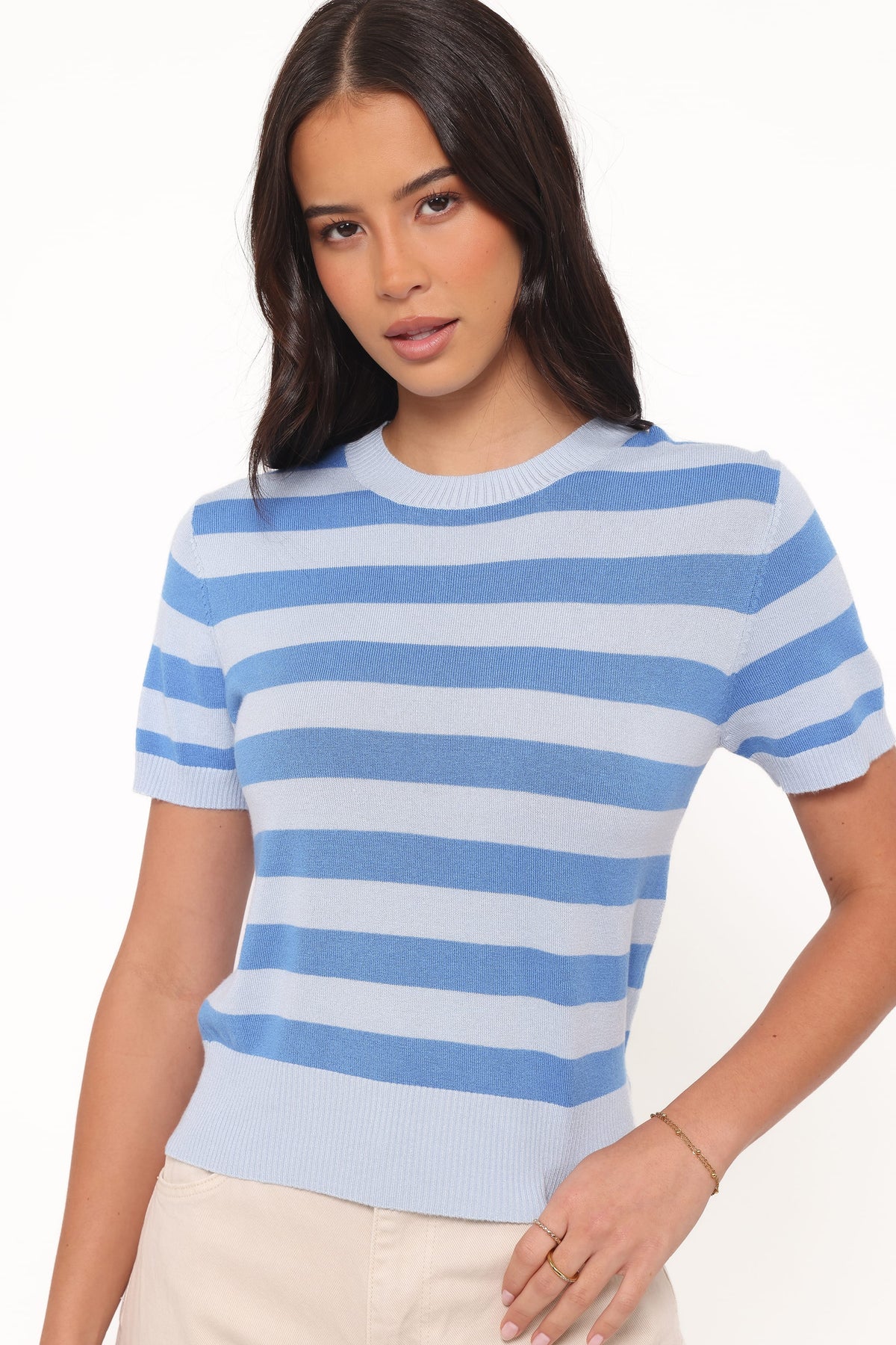 Joss Cropped Knitted Tee in Blue Stripe – view 3 of 9