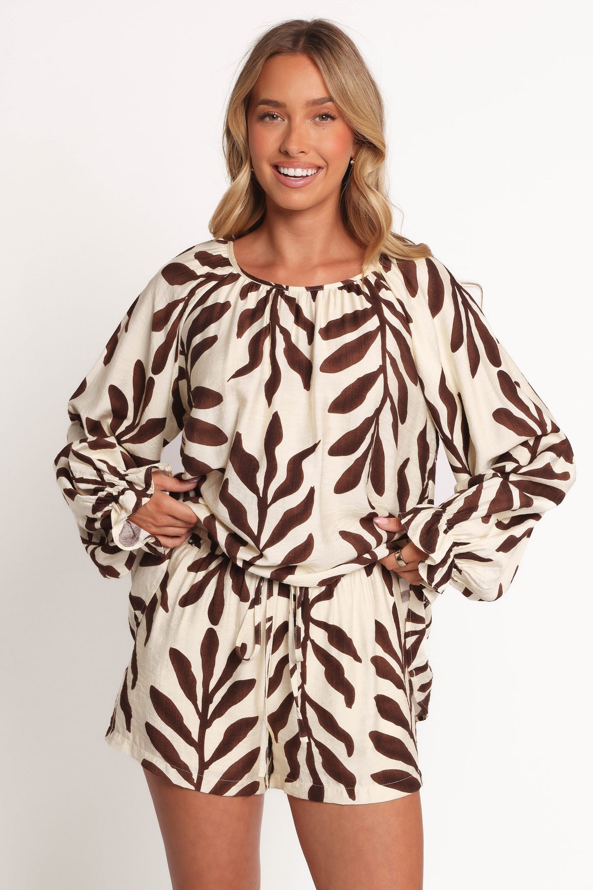 July Long Sleeve Smock Top in Brown Palm – view 9 of 9