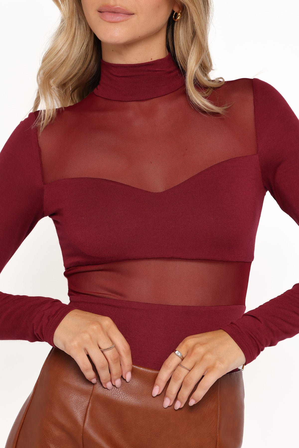 Kingsley Mesh Long Sleeve Bodysuit in Merlot – view 2 of 6