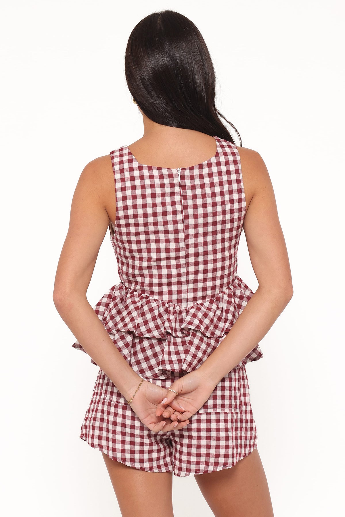 Landon Tiered Peplum Top in Burgundy Gingham – view 5 of 8