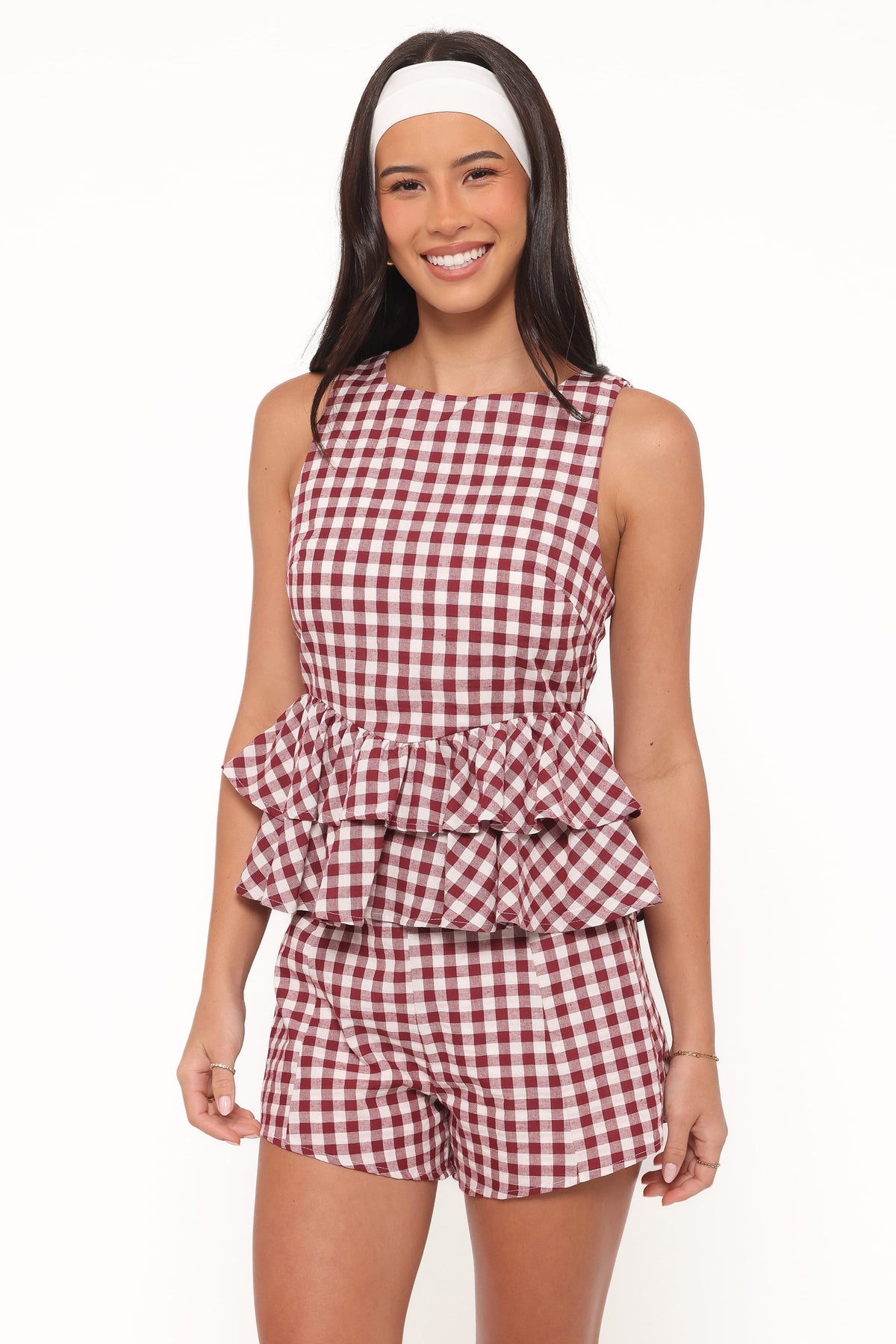 Landon Tiered Peplum Top in Burgundy Gingham – view 2 of 8