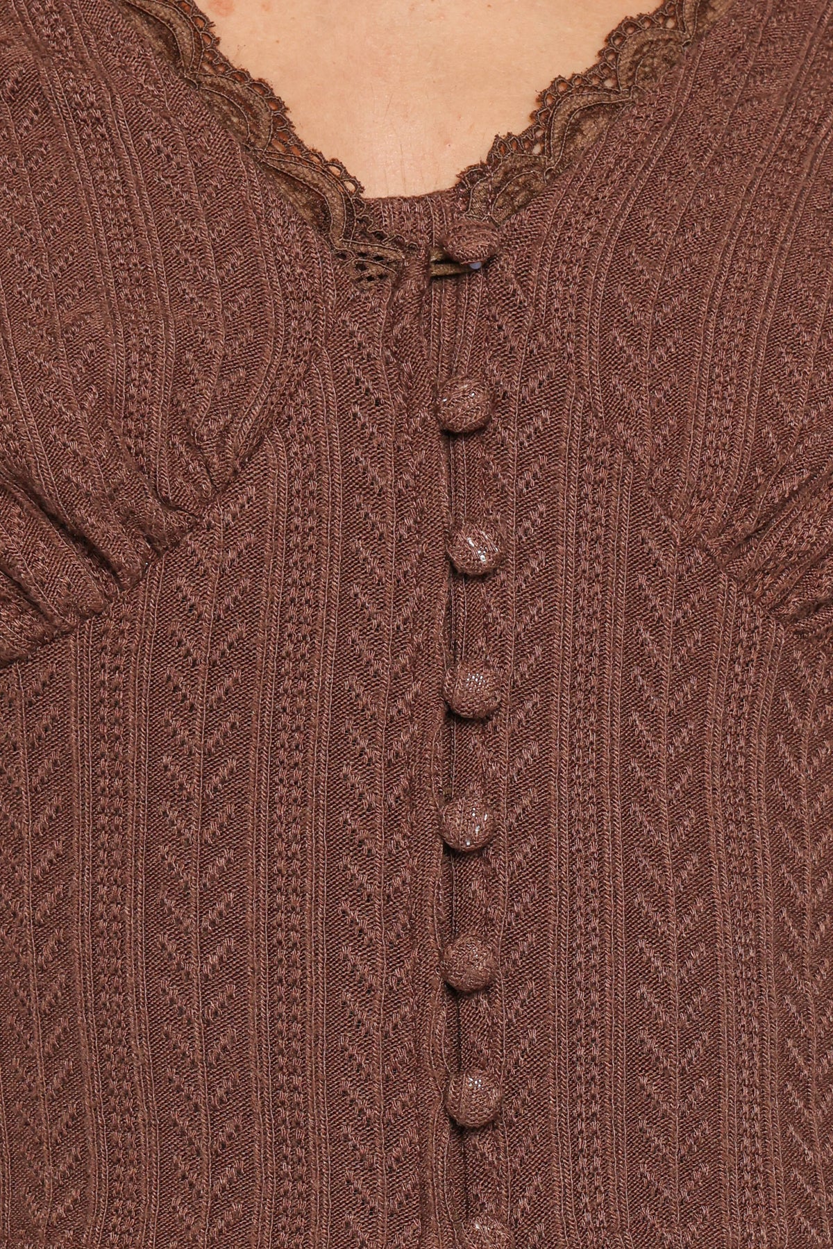 Leslie Long Sleeve Textured Button Front Top in Chocolate – view 6 of 6