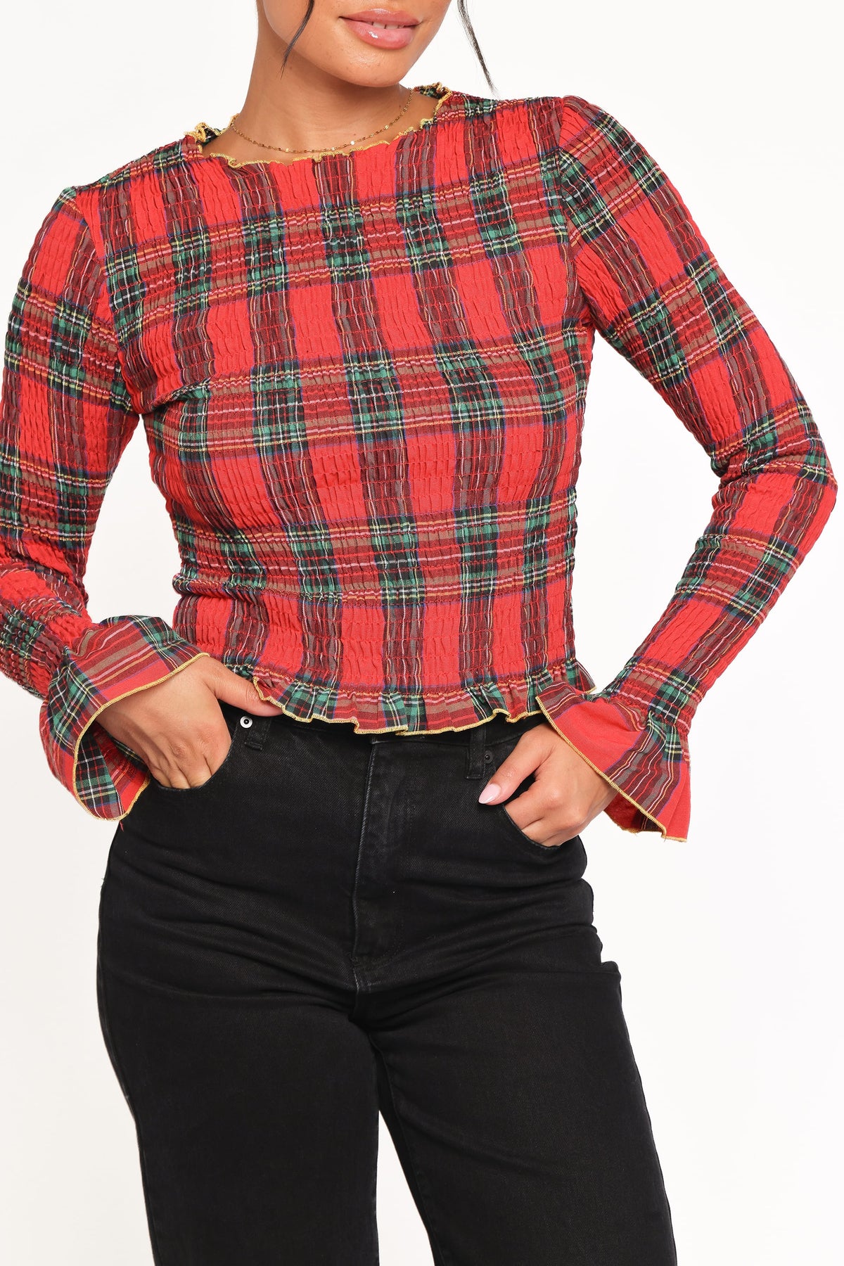 Lillee Ruched Top in Red Plaid – view 3 of 8