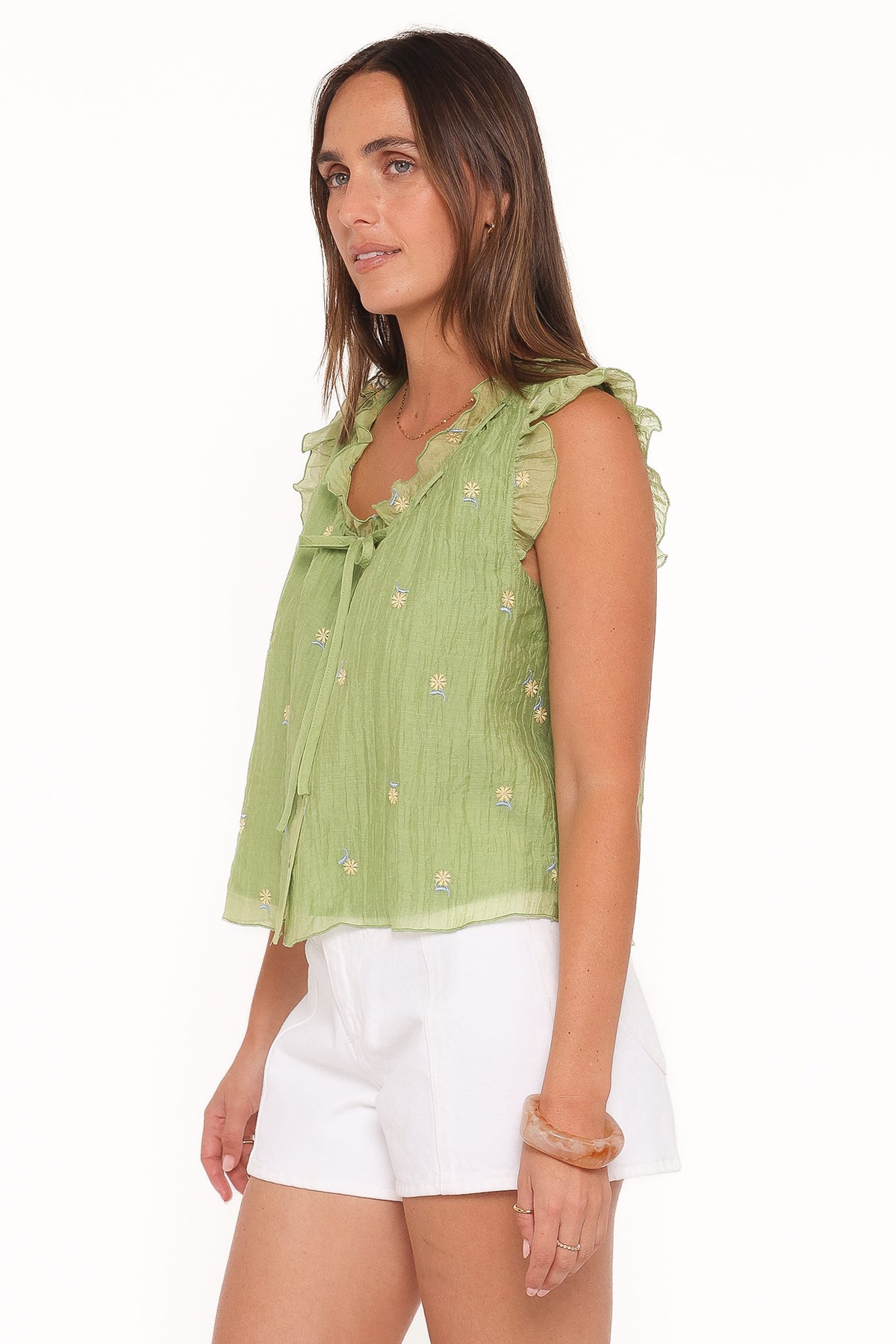 Lumi Embroidered Ruffle Top in Green – view 5 of 6