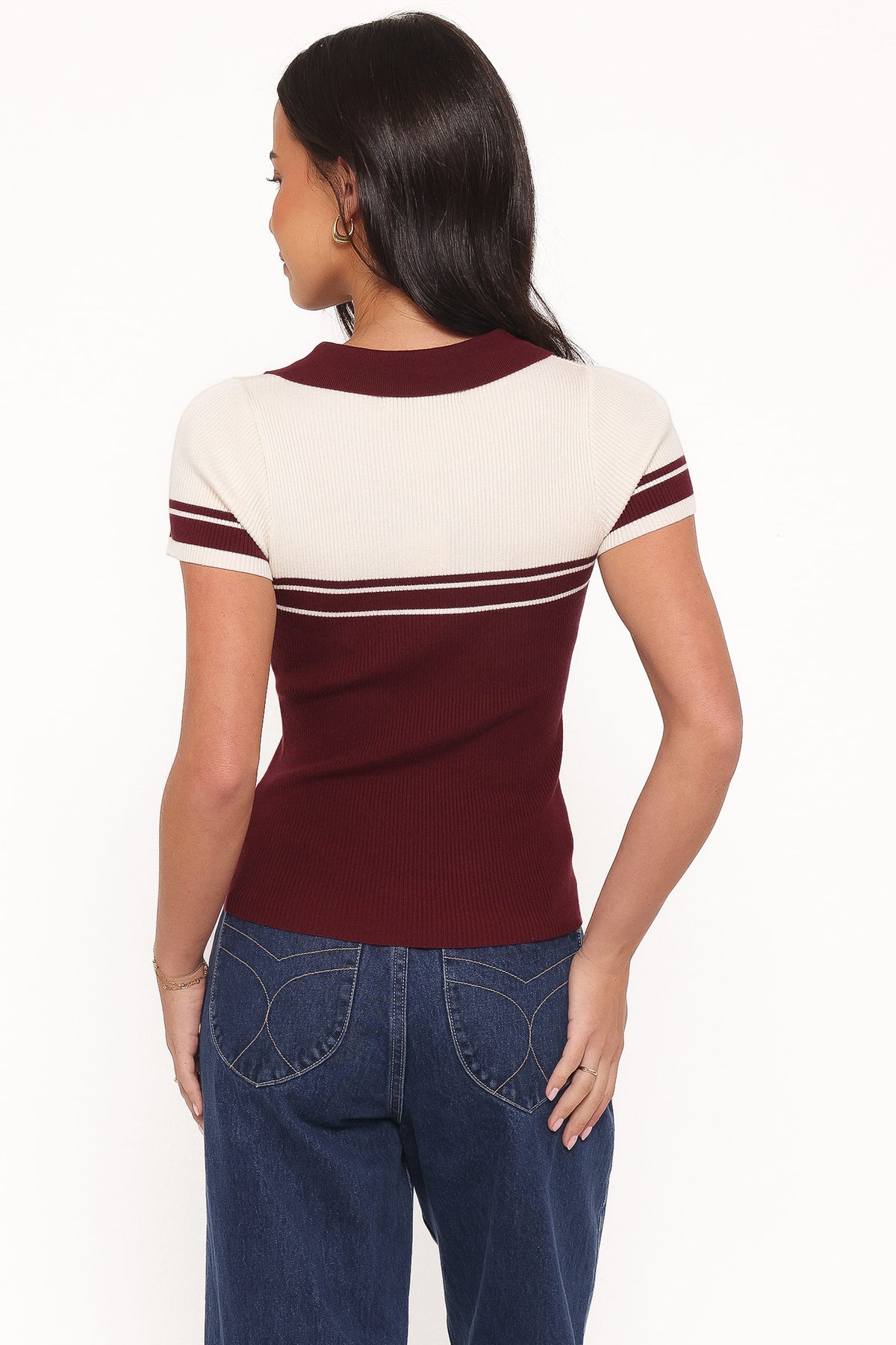 Maris Knit Polo Top in Burgundy/Cream Stripe – view 5 of 8
