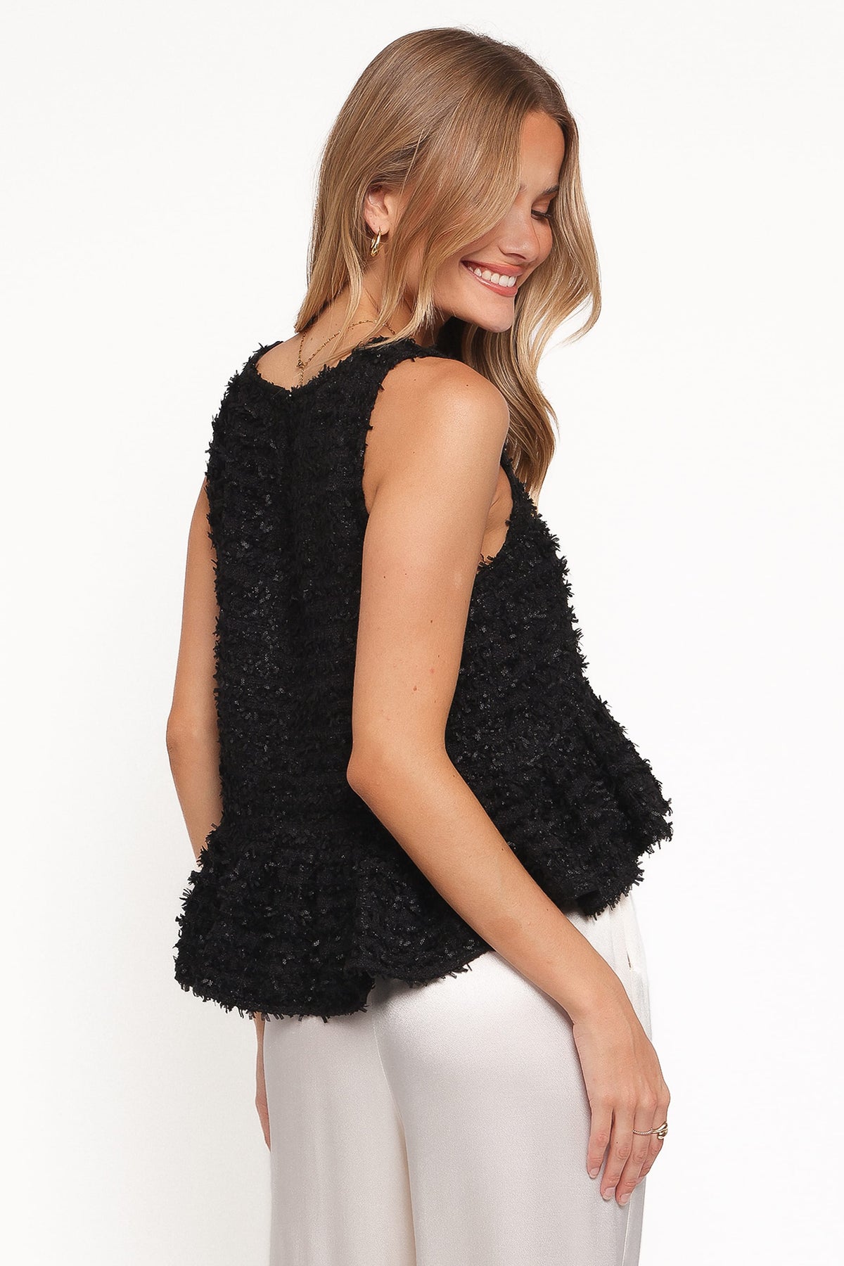 Meira Peplum Drop Hem Tank Top in Black – view 5 of 7