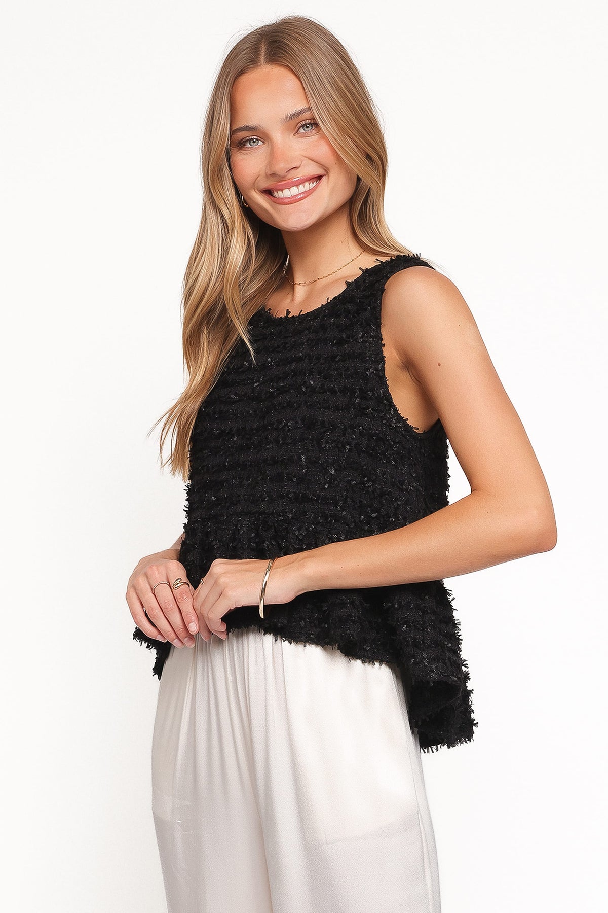 Meira Peplum Drop Hem Tank Top in Black – view 4 of 7