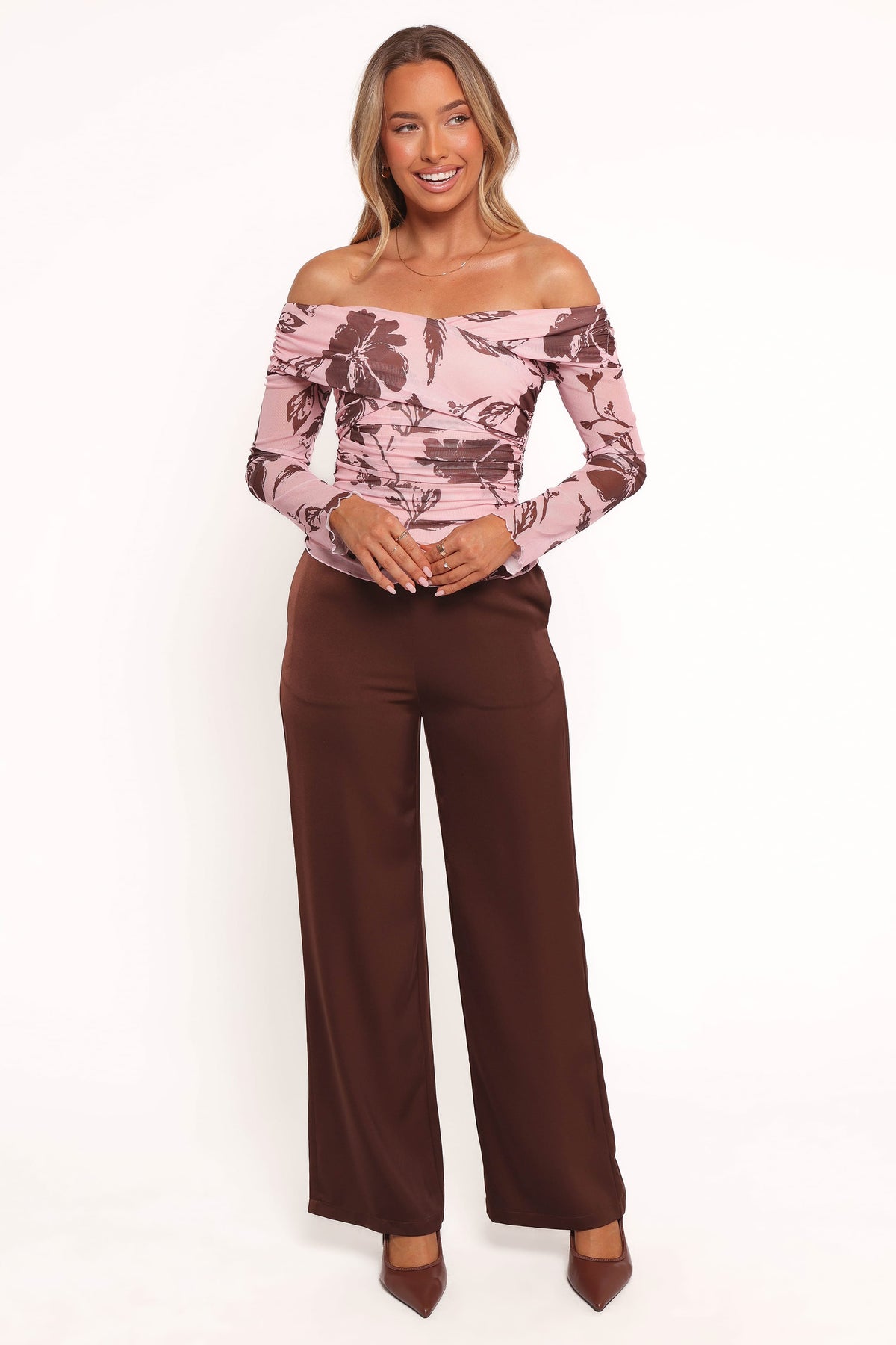Navida Off Shoulder Mesh Top in Pink Brown Floral – view 3 of 6