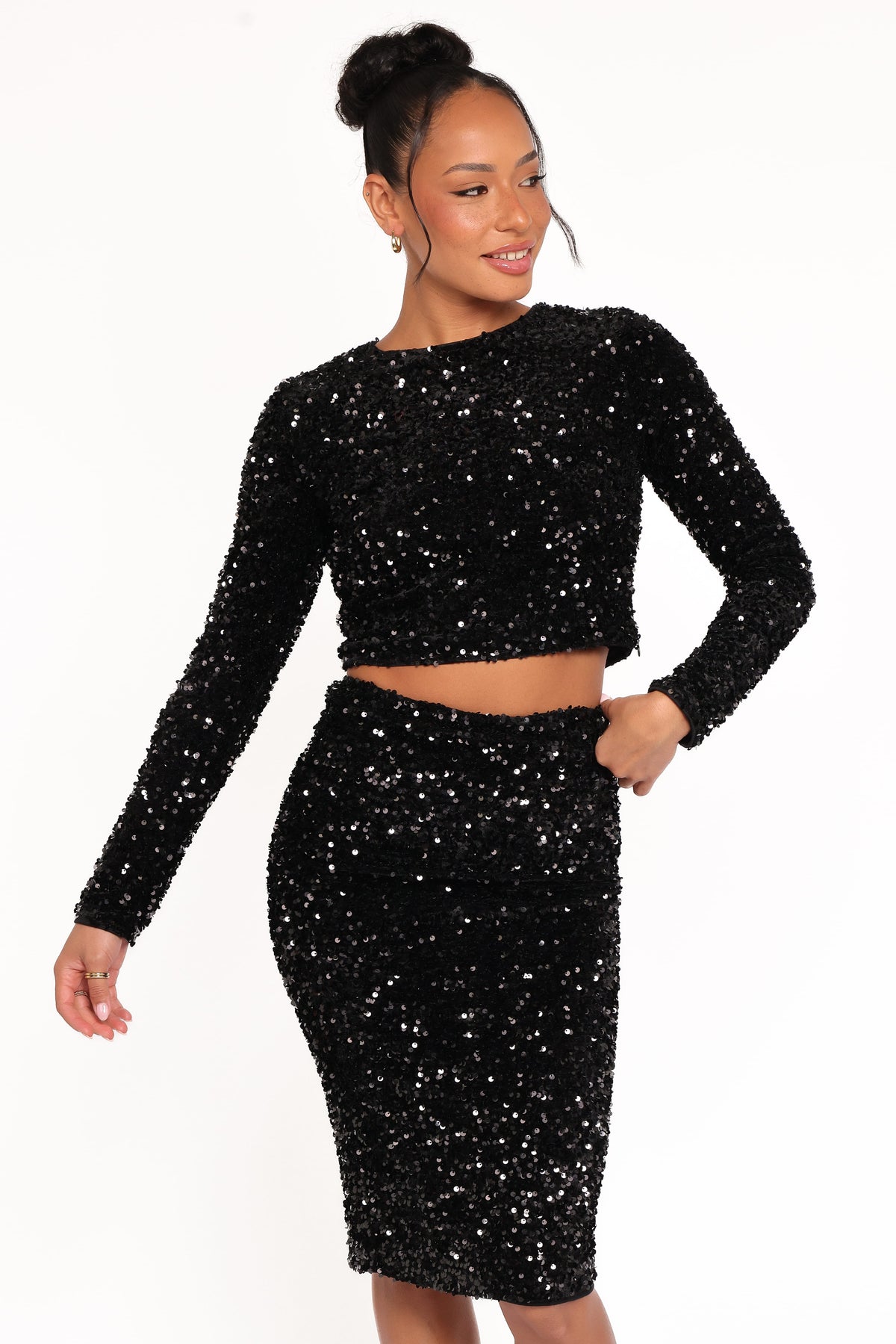 Quinne Cropped Sequin Top in Black – view 3 of 8