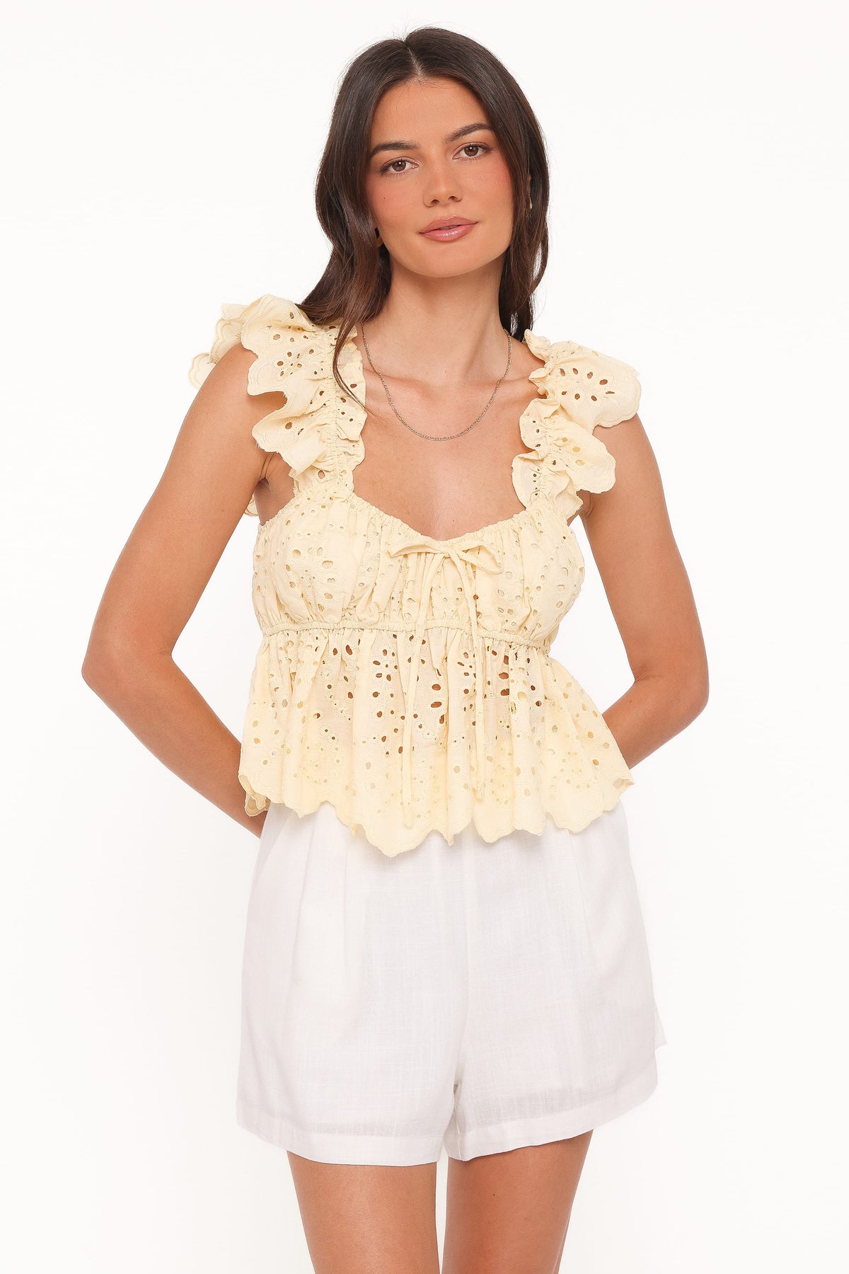 Regina Eyelet Ruffle Top in Butter Yellow – view 1 of 6