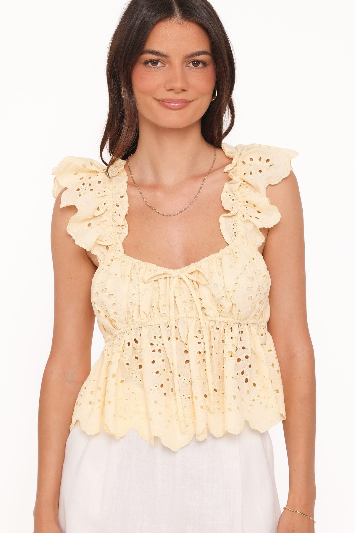 Regina Eyelet Ruffle Top in Butter Yellow – view 2 of 6